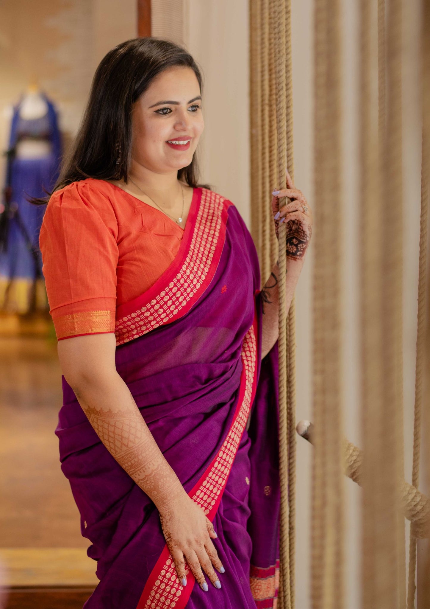 Saree - light weight mul cotton purple saree with woven red borders