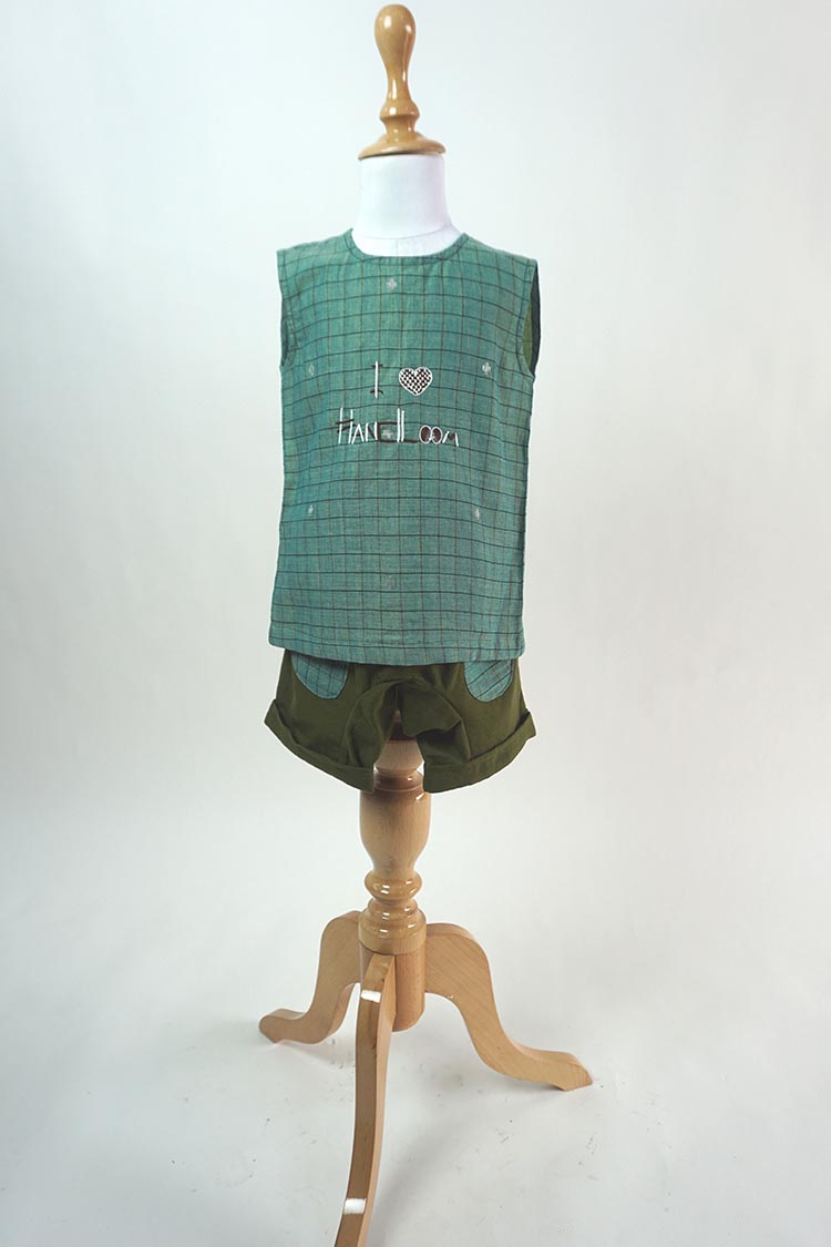 Kids boys - “i love handloom” Forest green jamdani top with shorts