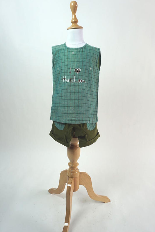 Kids boys - “i love handloom” Forest green jamdani top with shorts