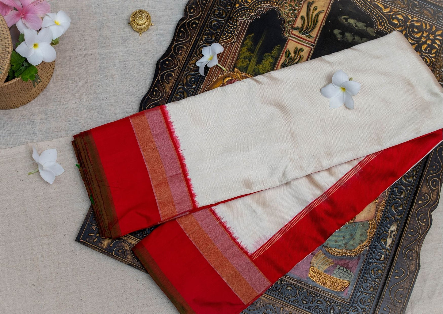 Twill Weave Ikat Silk Saree in White and Red
