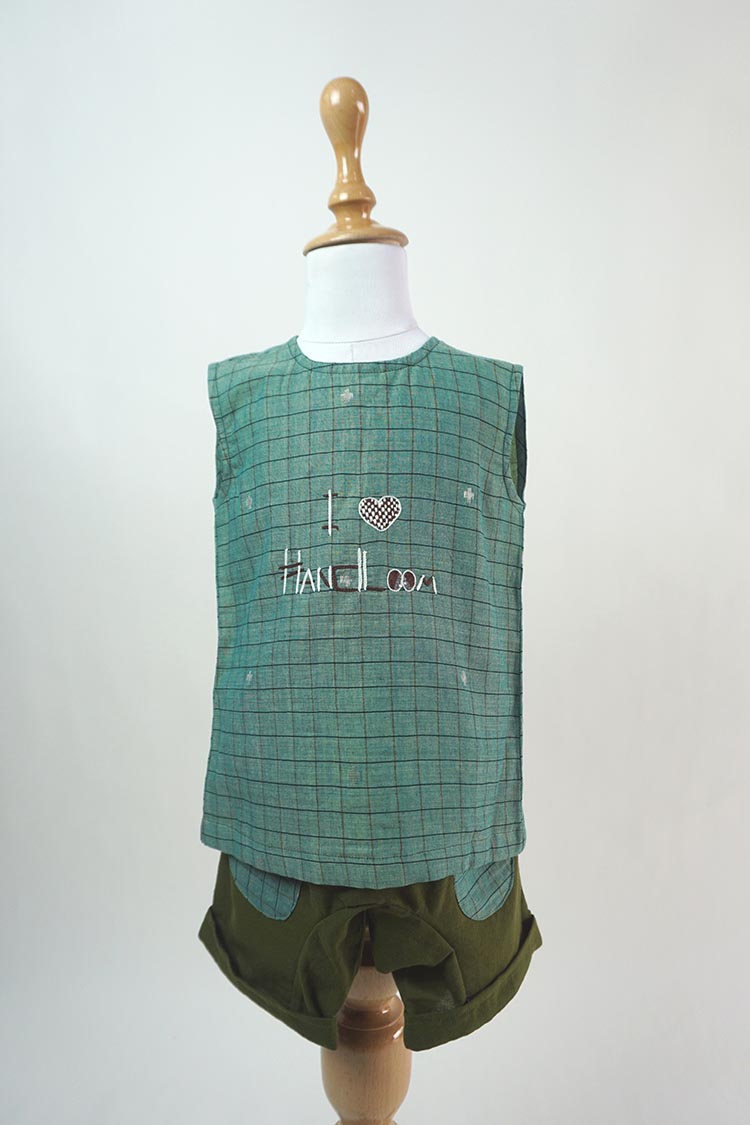 Kids boys - “i love handloom” Forest green jamdani top with shorts