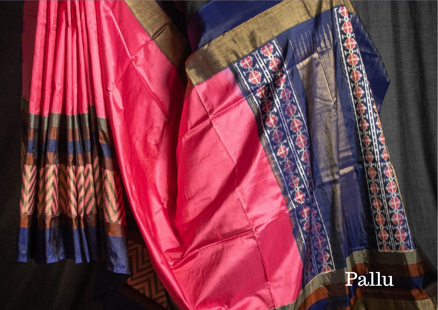 Ikat Silk Saree in Pink and Navy Blue