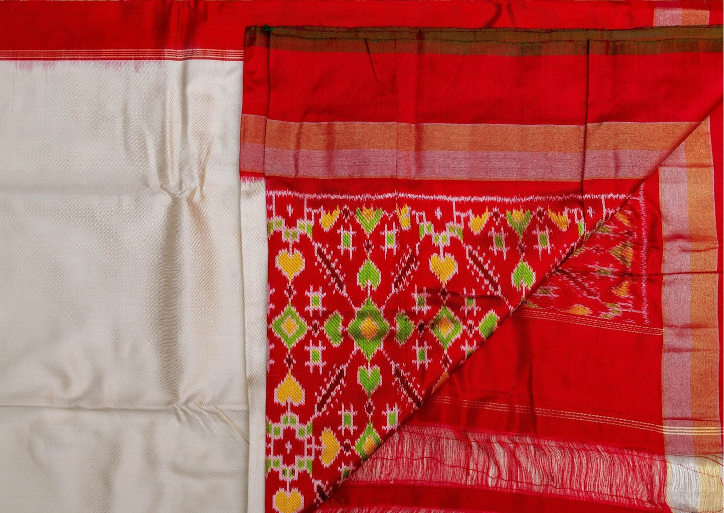 Twill Weave Ikat Silk Saree in White and Red