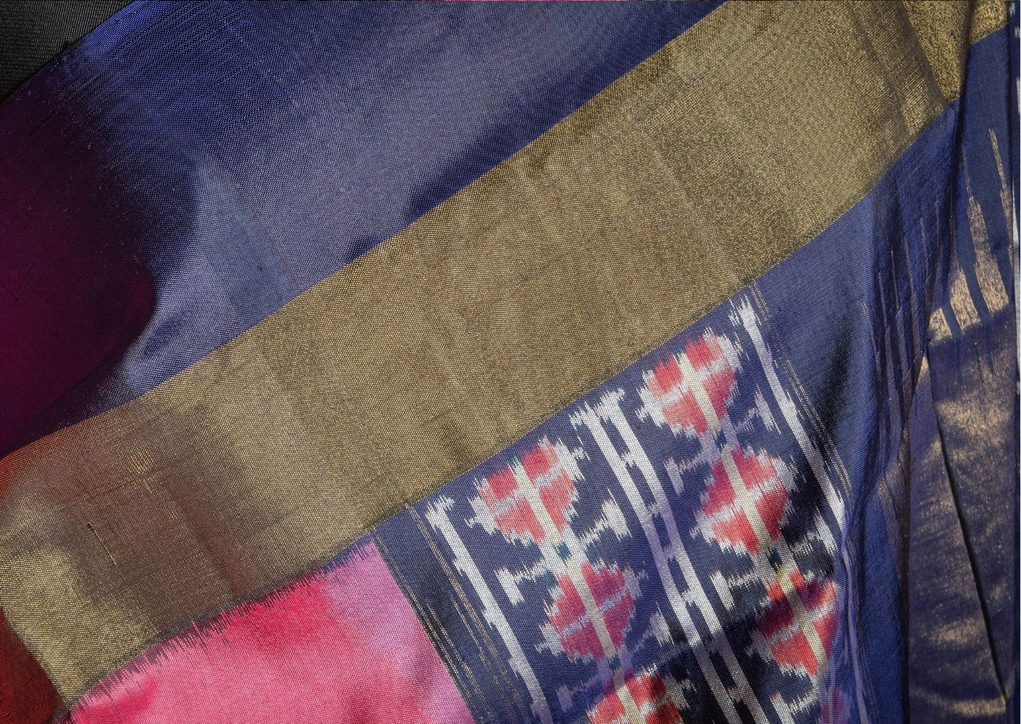 Ikat Silk Saree in Pink and Navy Blue