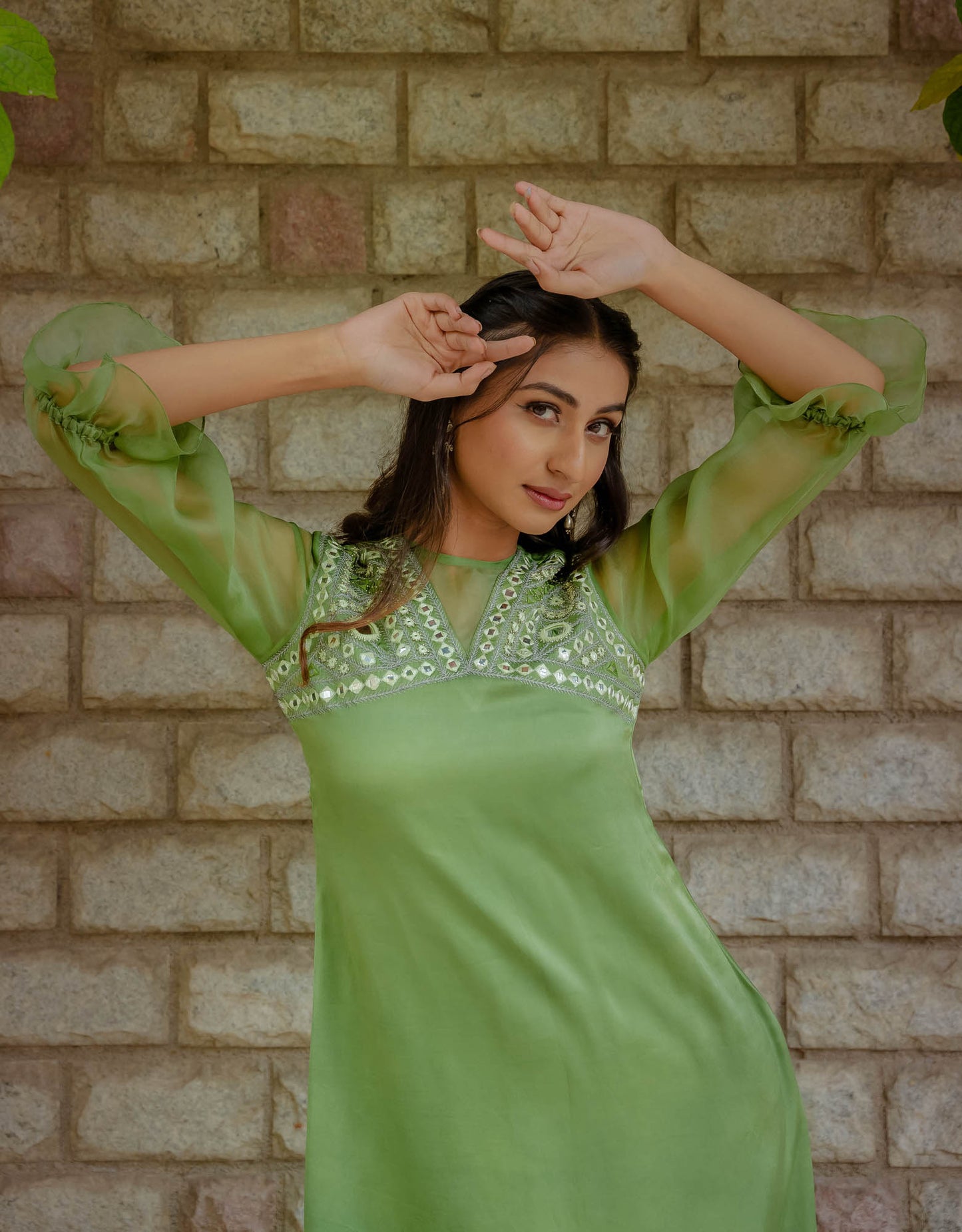 Green Mirror Embroidered Organza Sleeves Dress