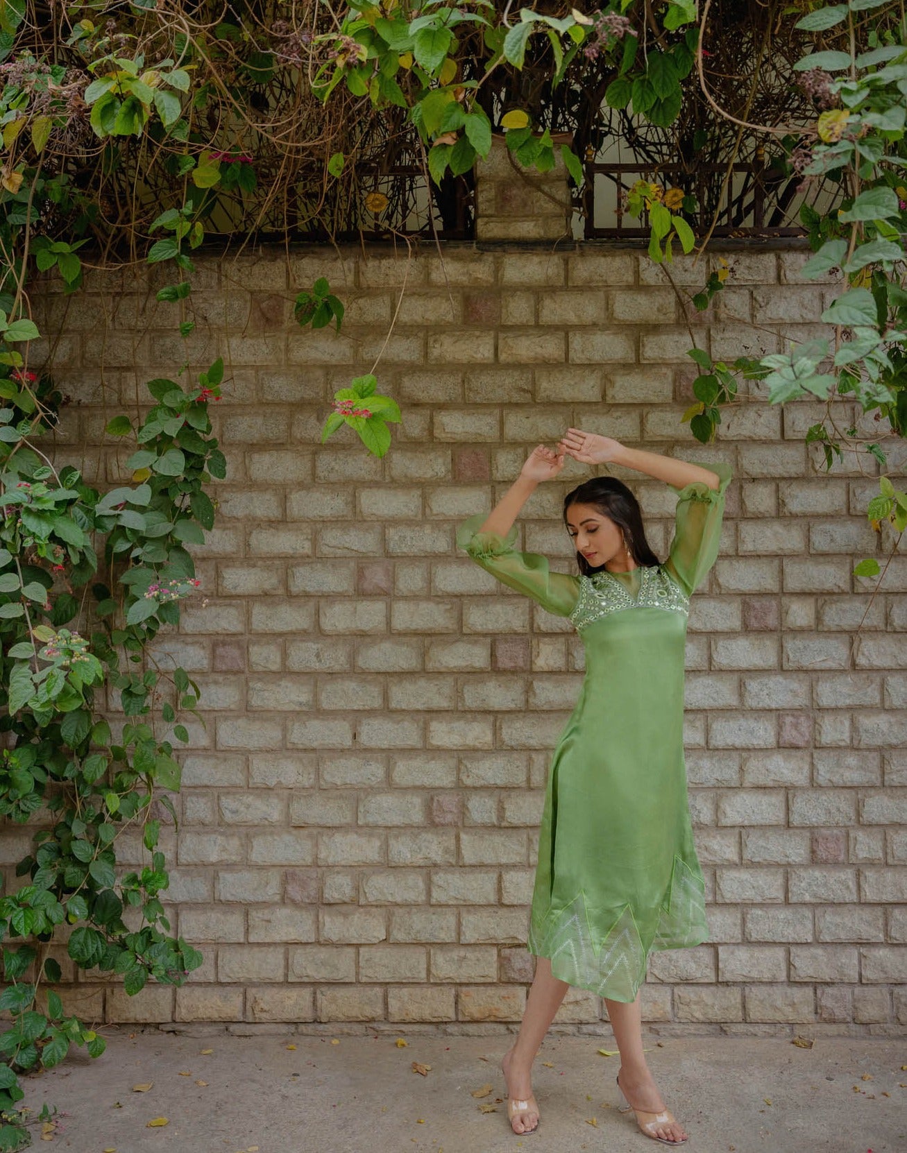Green Mirror Embroidered Organza Sleeves Dress