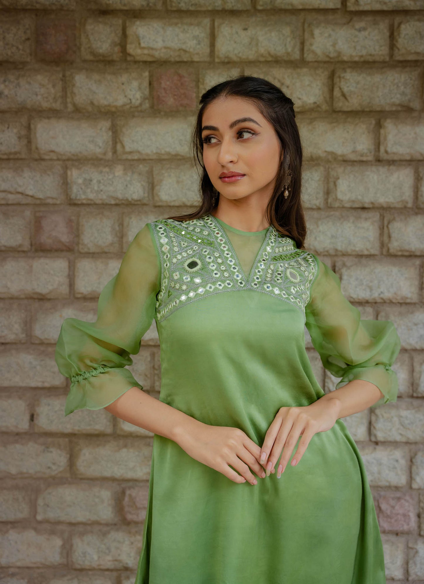 Green Mirror Embroidered Organza Sleeves Dress
