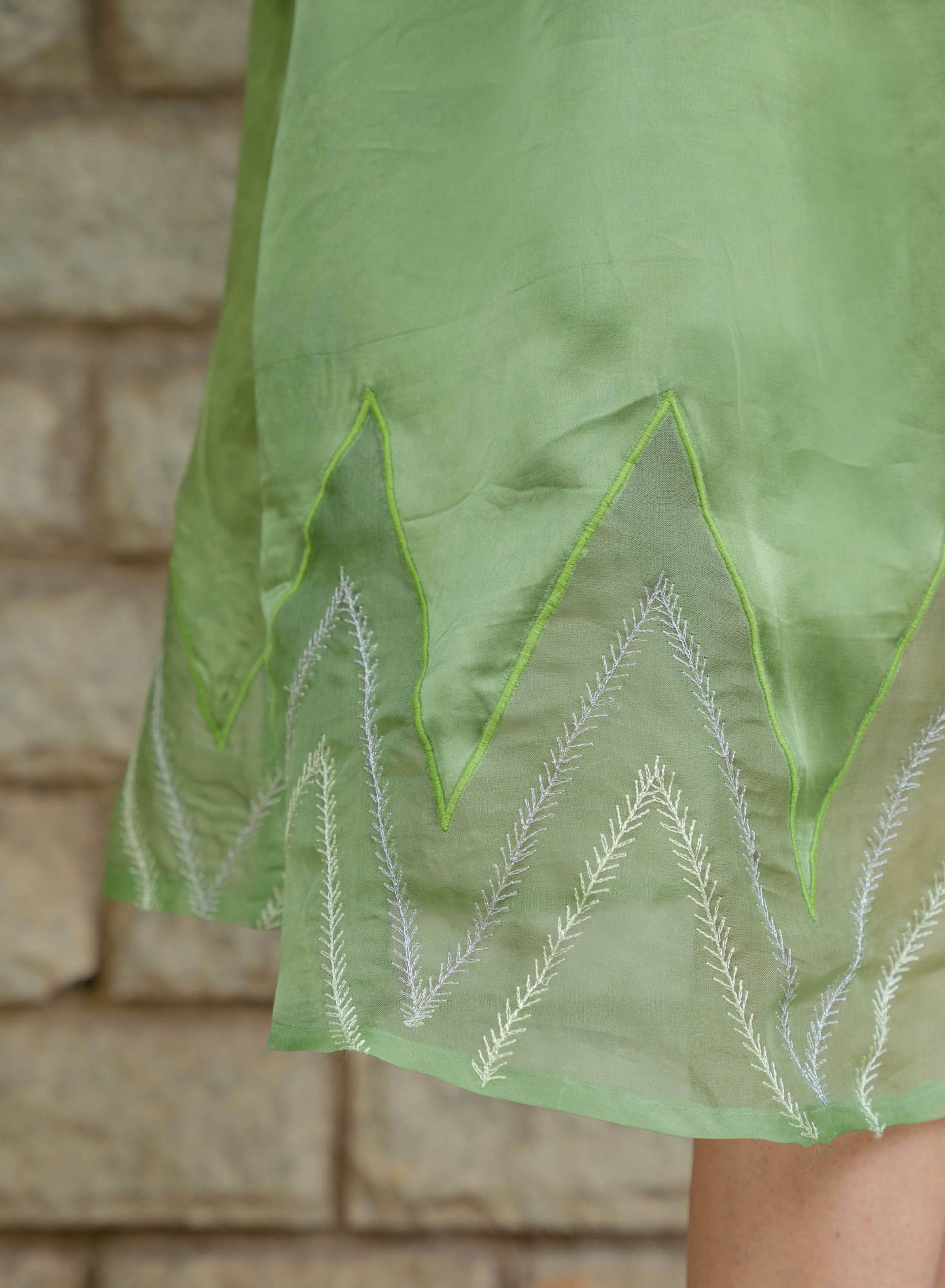 Green Mirror Embroidered Organza Sleeves Dress