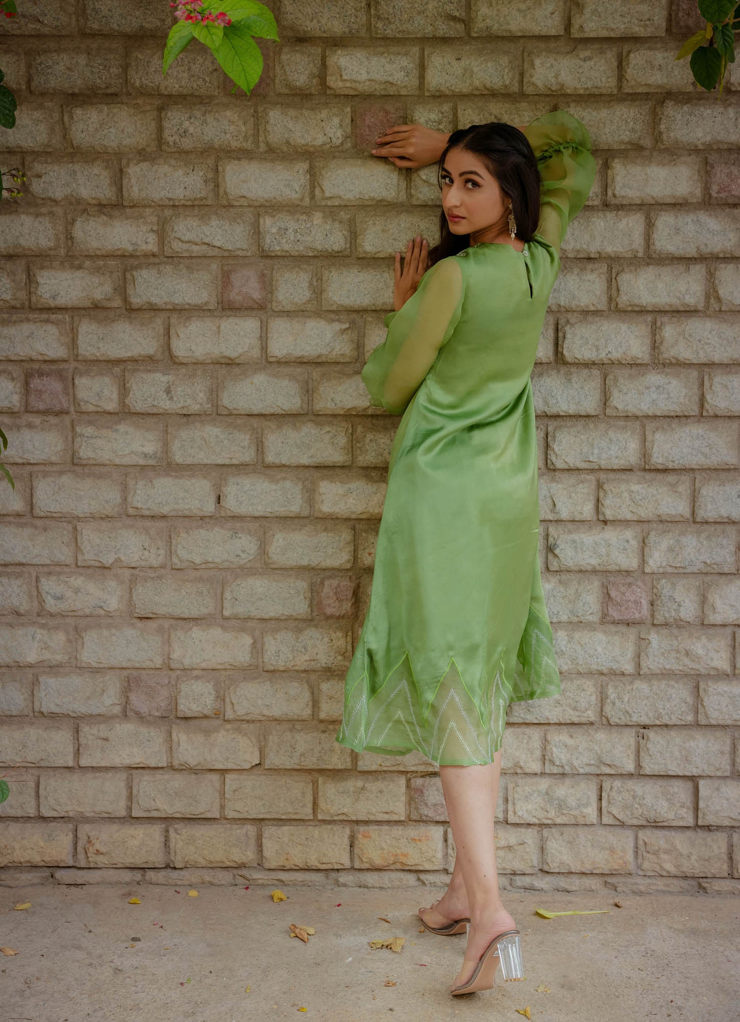 Green Mirror Embroidered Organza Sleeves Dress