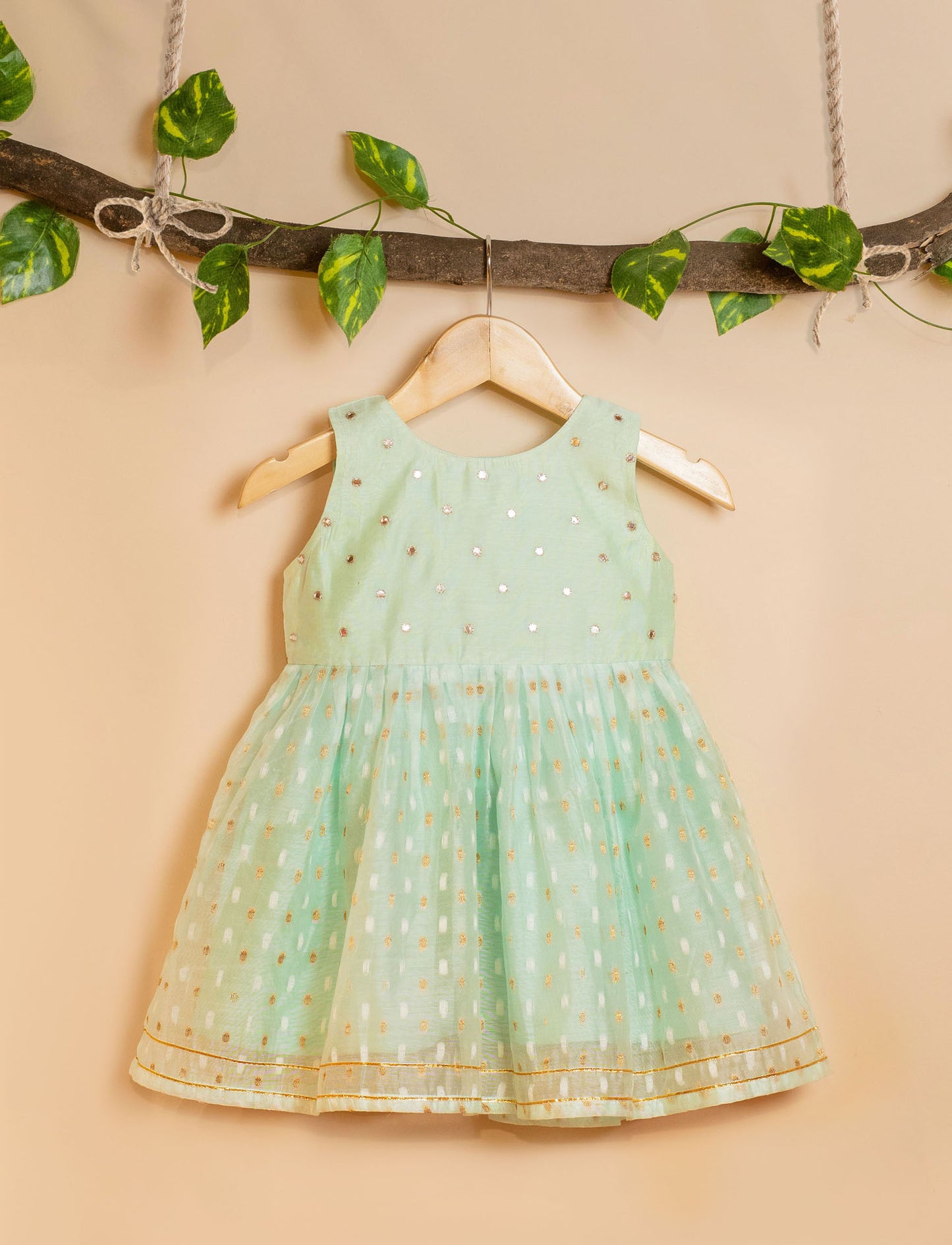 Kids girls - Pastel Green Chanderi Frock with Mirror Embroidery