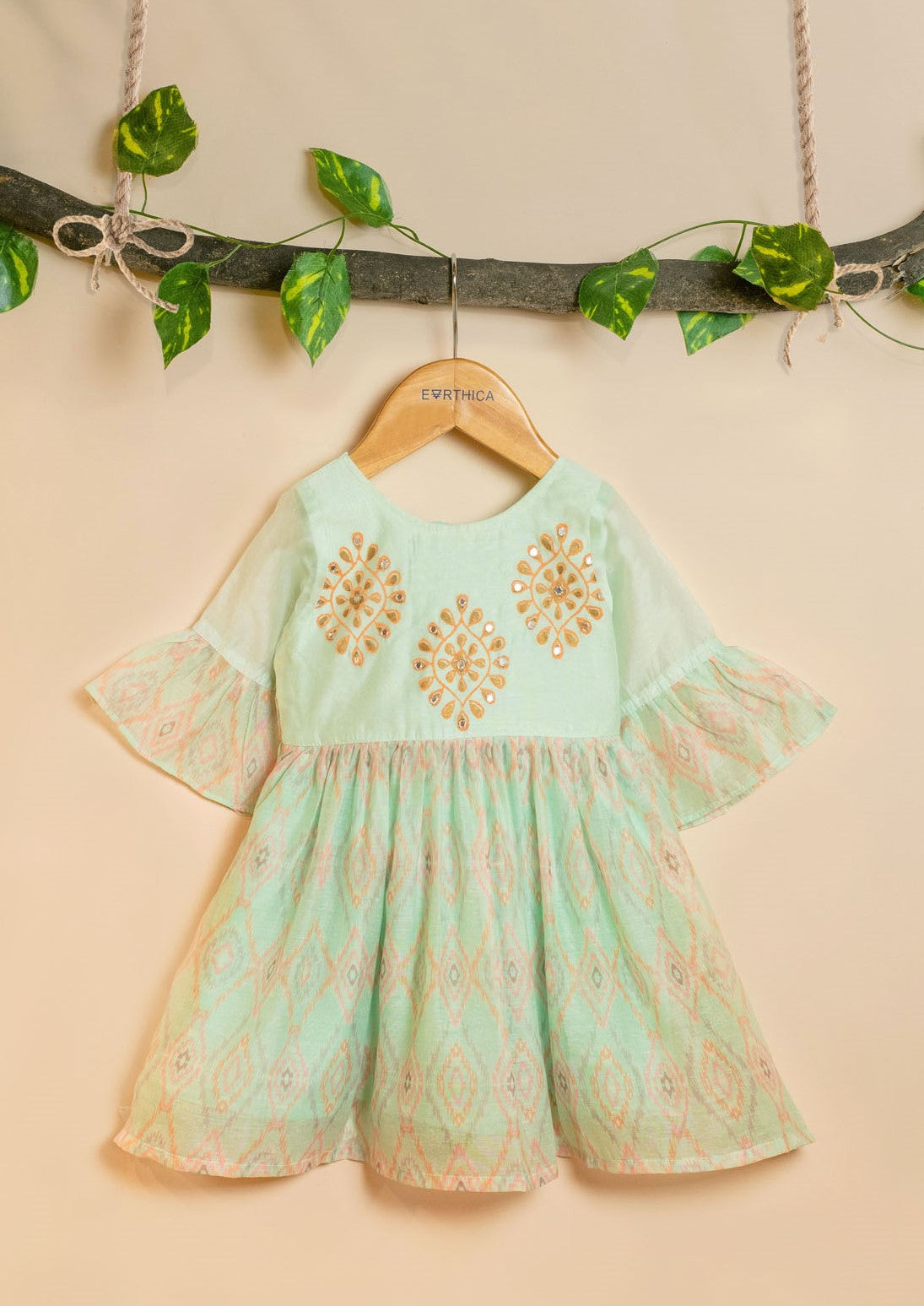 Kids girls - Pastel Green Ikat printed Chanderi frock