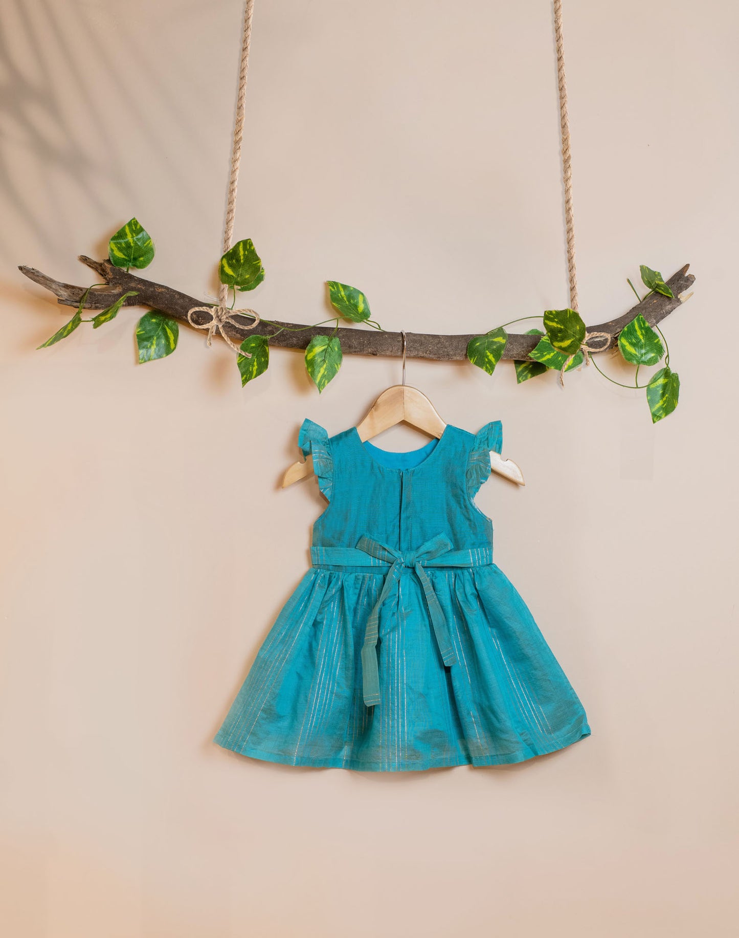 Kids girls - embroidered chanderi dress in greenish blue