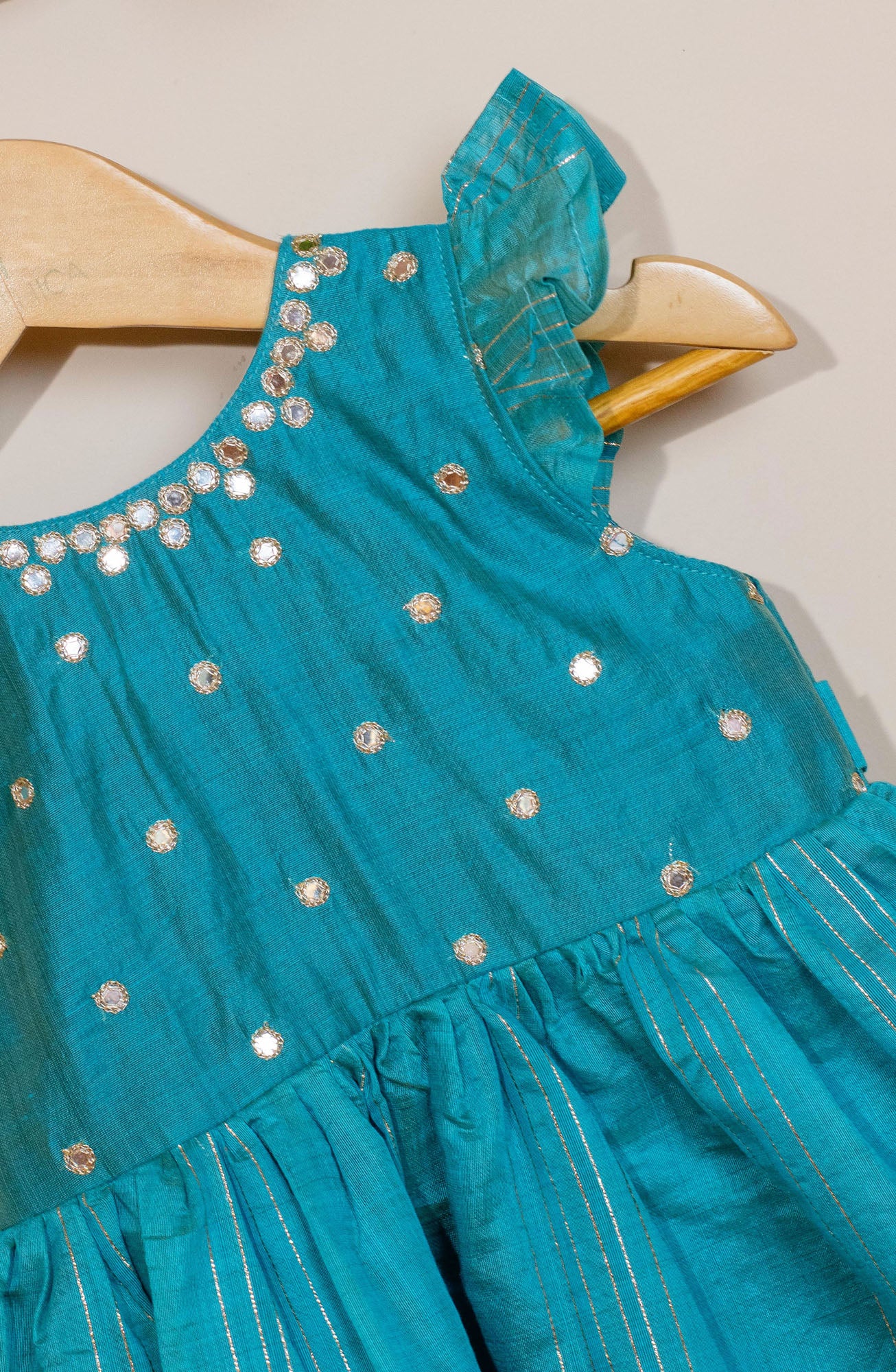 Kids girls - embroidered chanderi dress in greenish blue