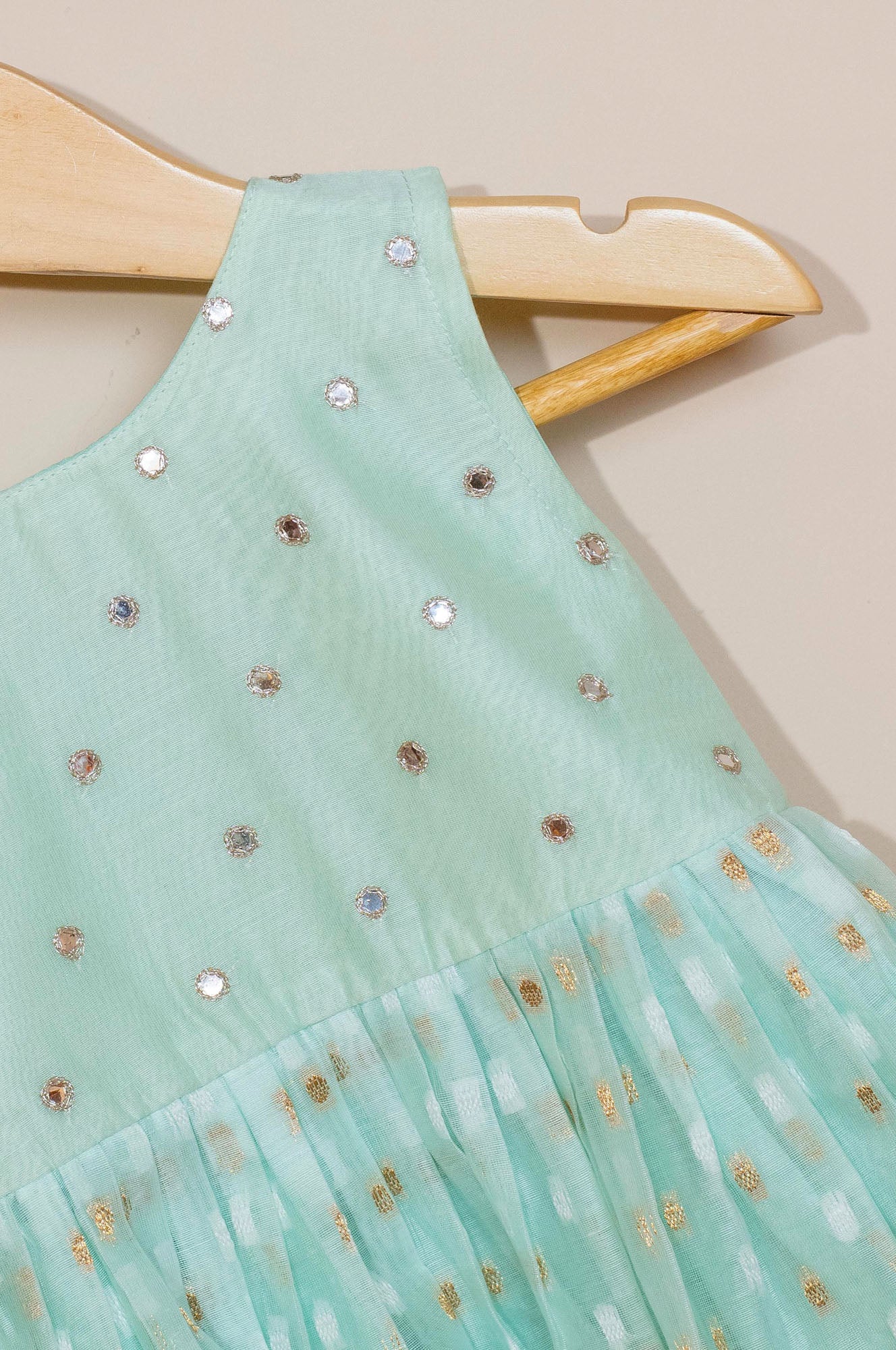 Kids girls - Pastel Green Chanderi Frock with Mirror Embroidery