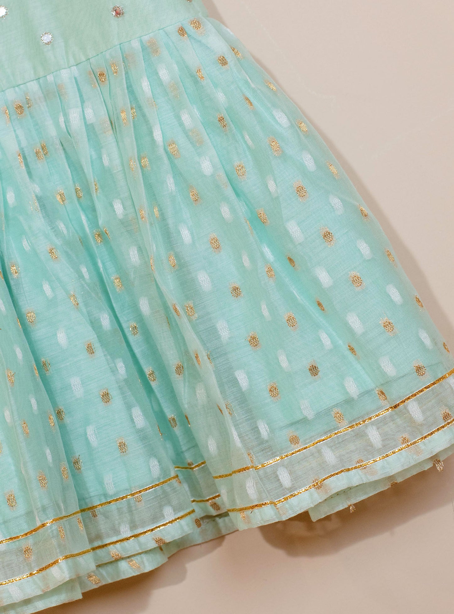Kids girls - Pastel Green Chanderi Frock with Mirror Embroidery