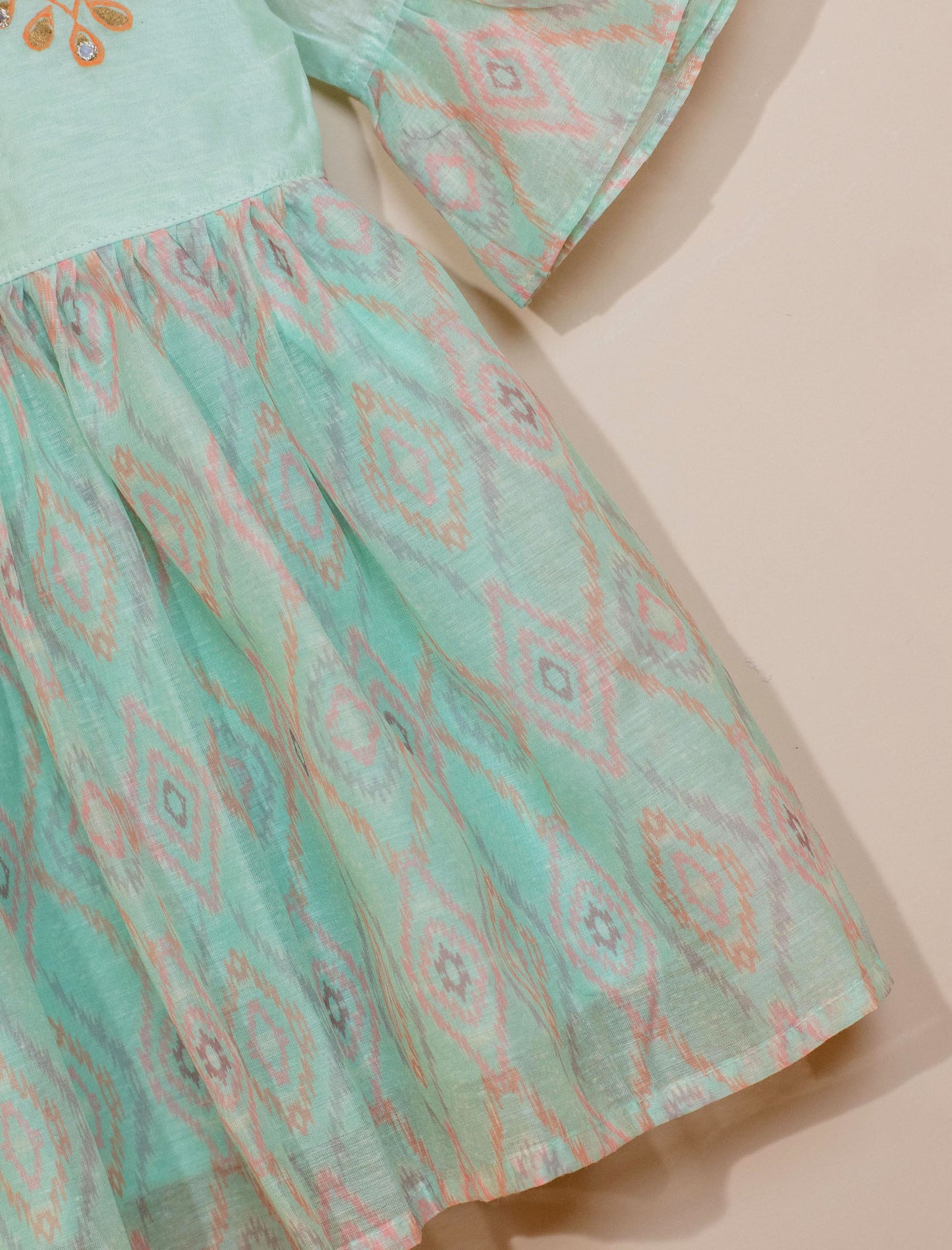 Kids girls - Pastel Green Ikat printed Chanderi frock