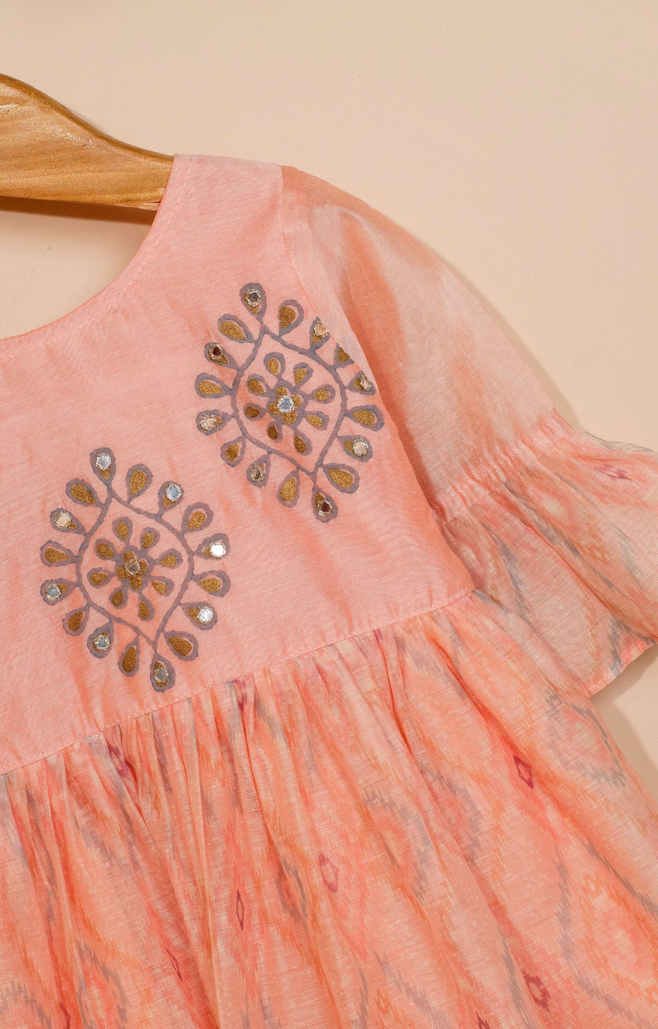 Kids girls - Peach Ikat printed chanderi frock