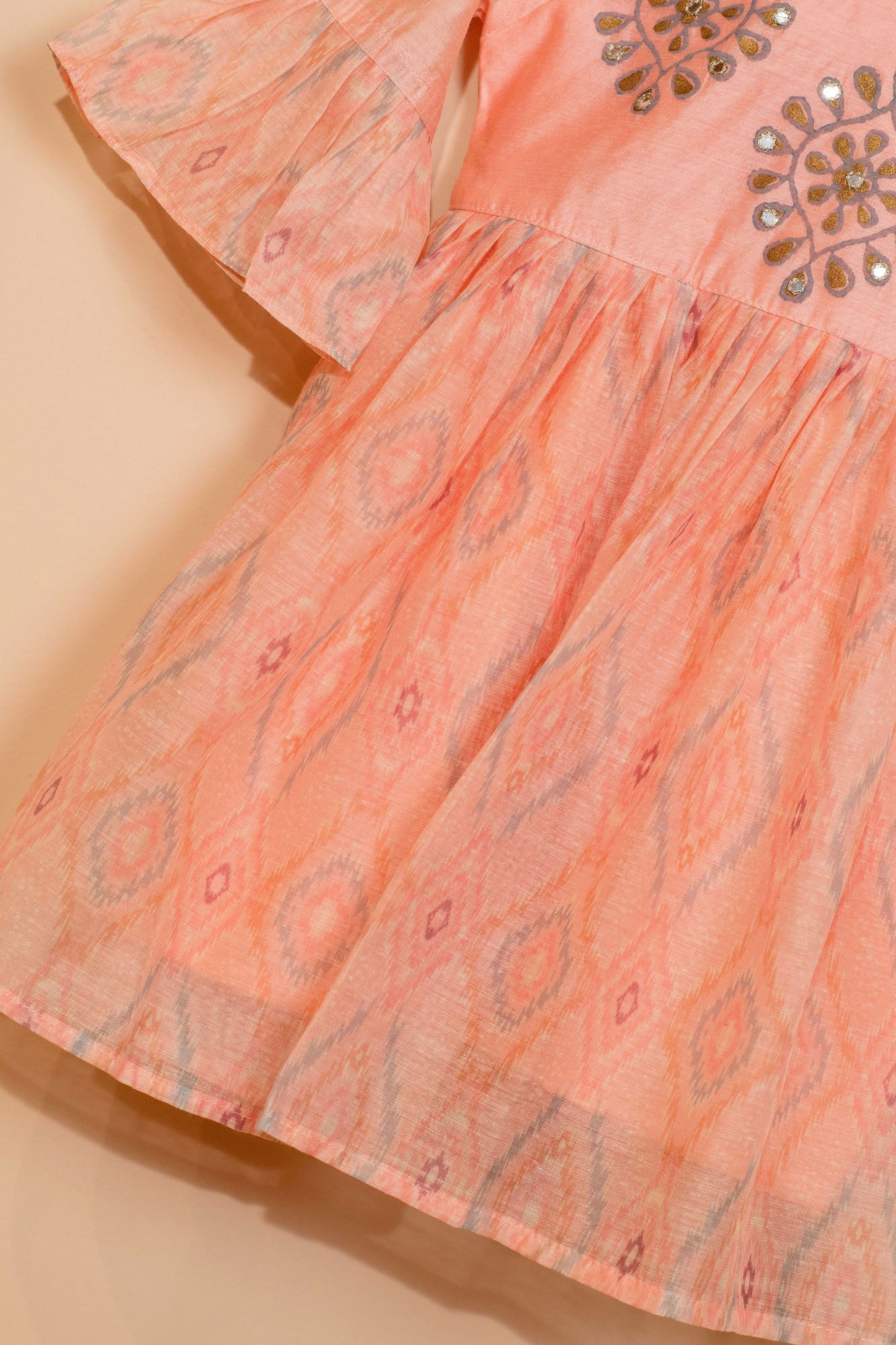 Kids girls - Peach Ikat printed chanderi frock