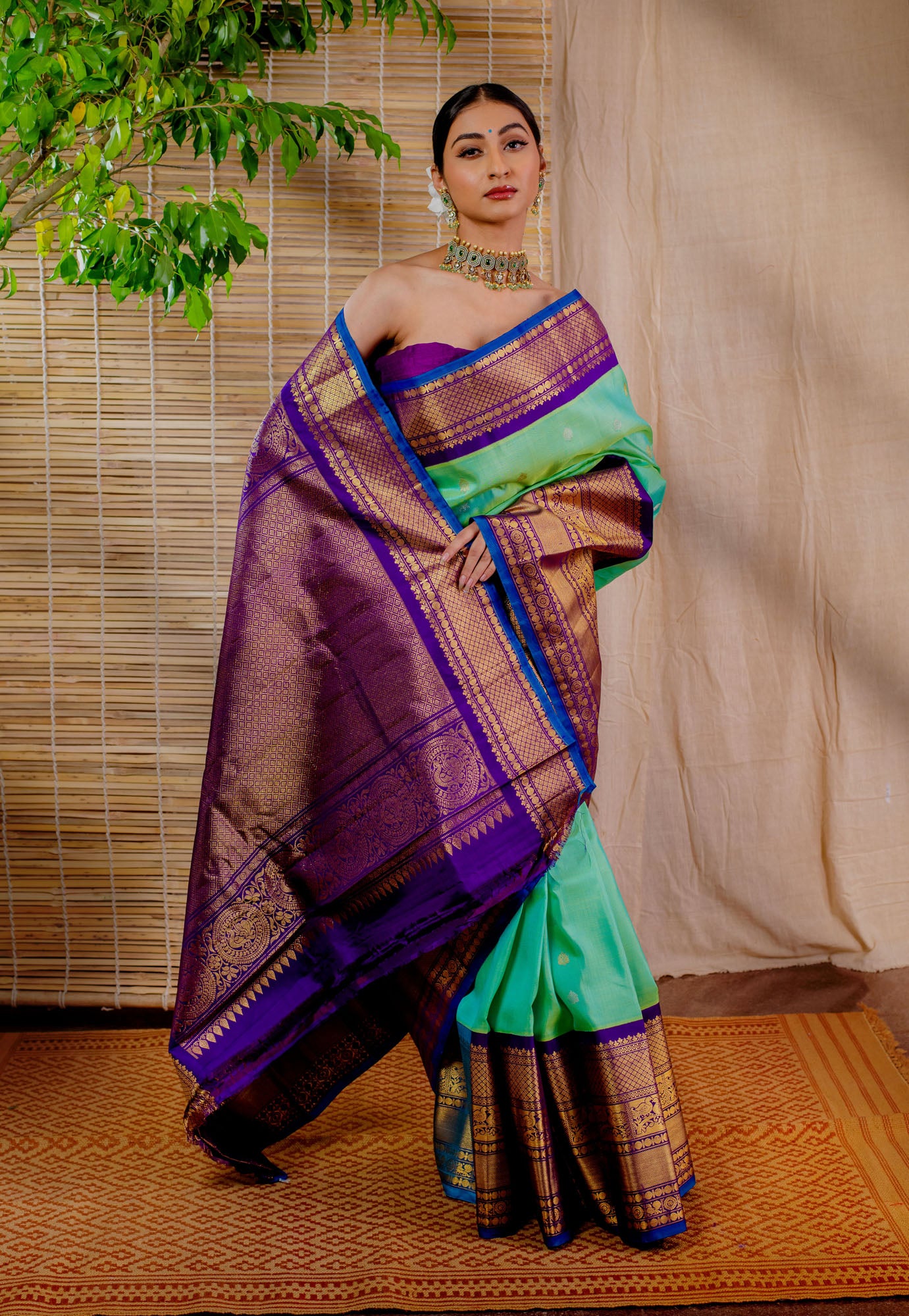 Green & Purple Pure Silk Handloom Gadwal Saree with Kanchi Border