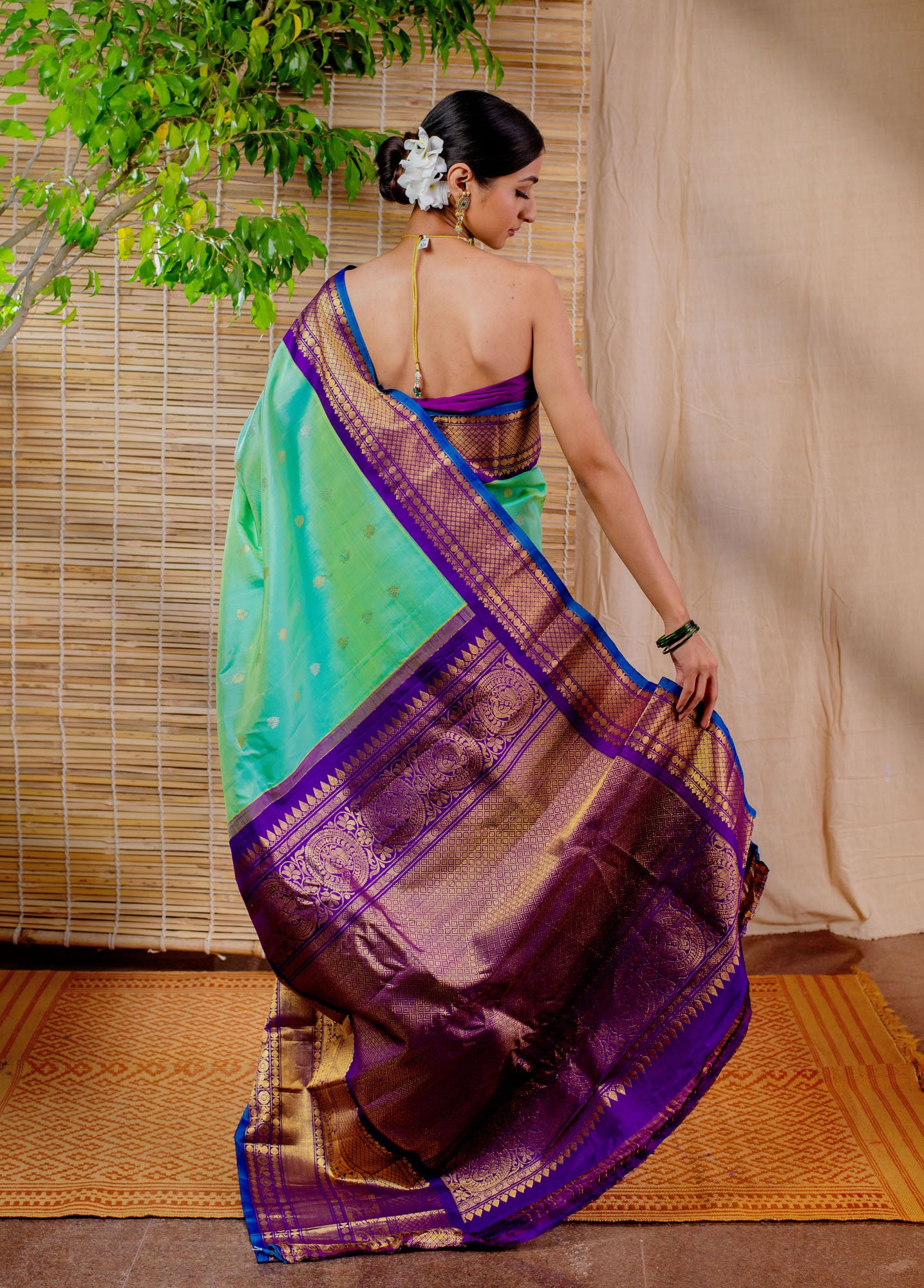 Green & Purple Pure Silk Handloom Gadwal Saree with Kanchi Border
