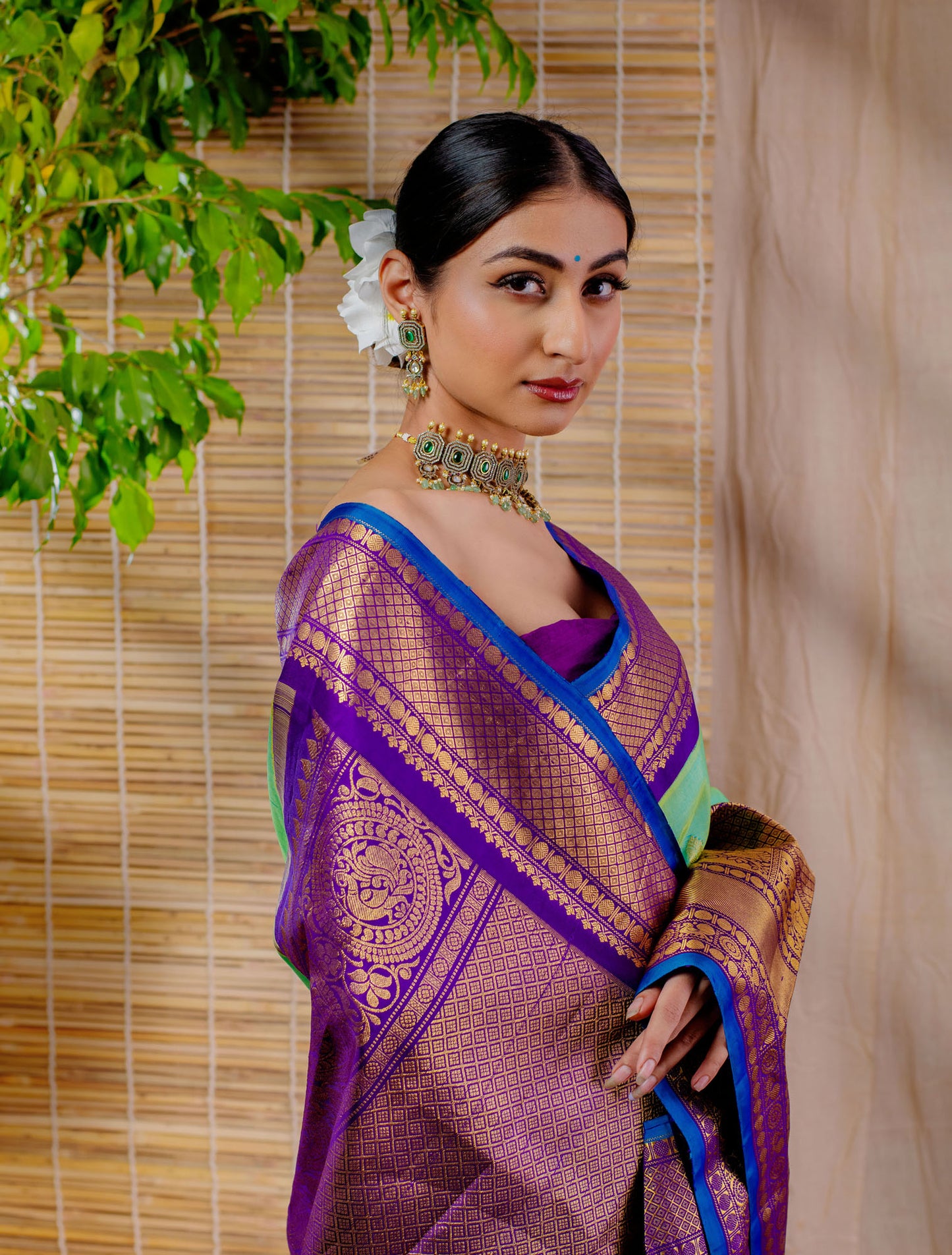 Green & Purple Pure Silk Handloom Gadwal Saree with Kanchi Border
