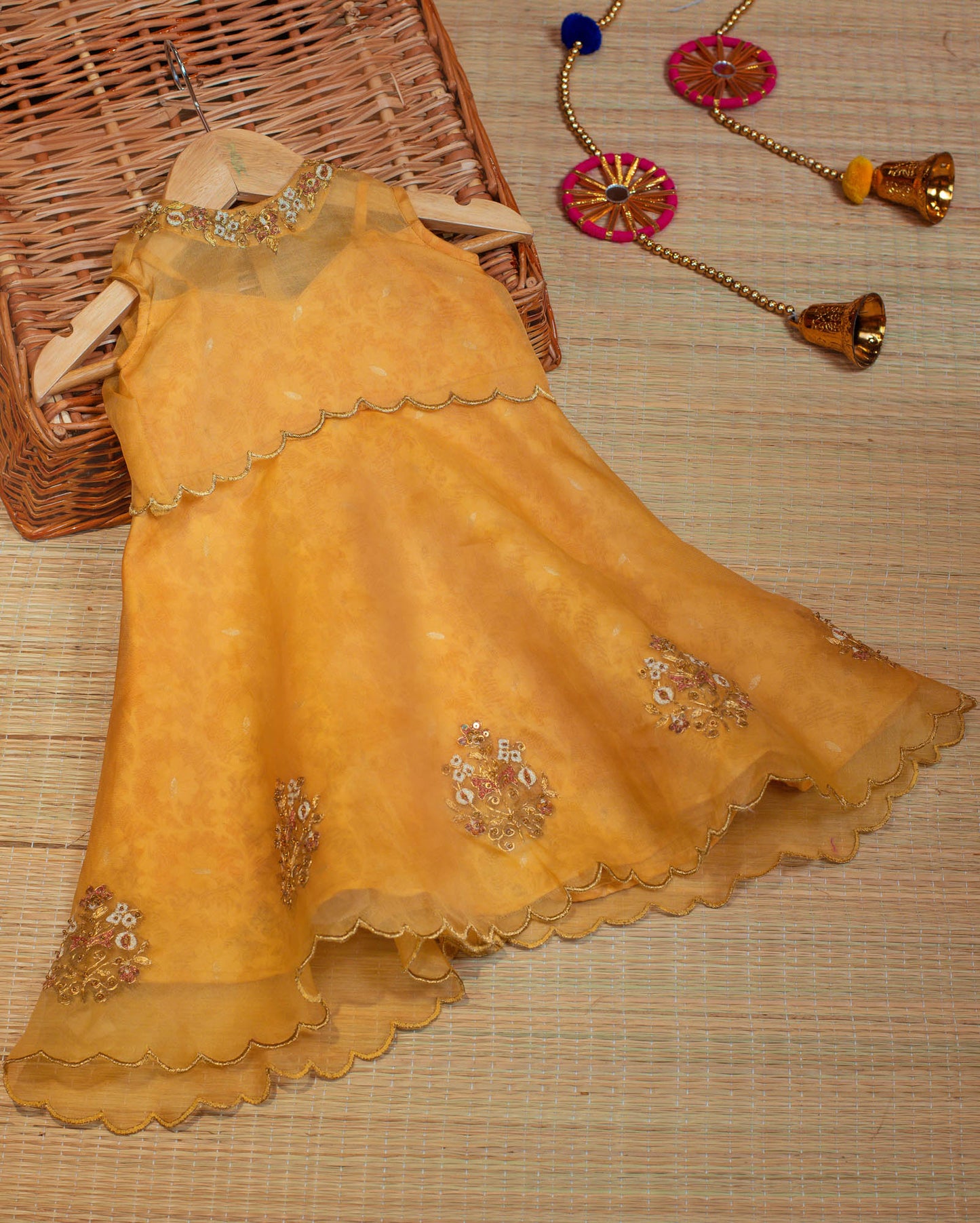 Kids girls - Hand Embroidered Organza Dress with Brocade Inner Layer