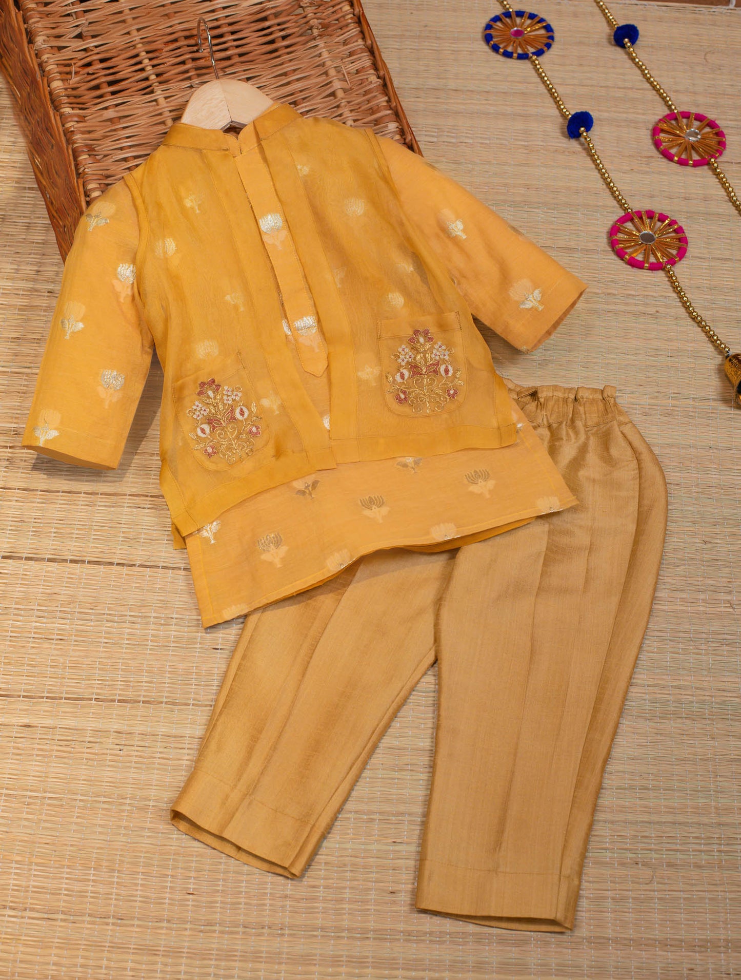 Kids boys - Yellow Kurta bottom with Organza Jacket