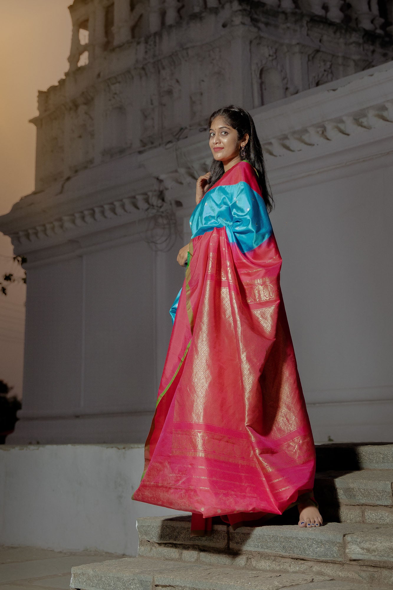 Sky Blue and Pink Handwoven Pure Silk Gadwal Saree