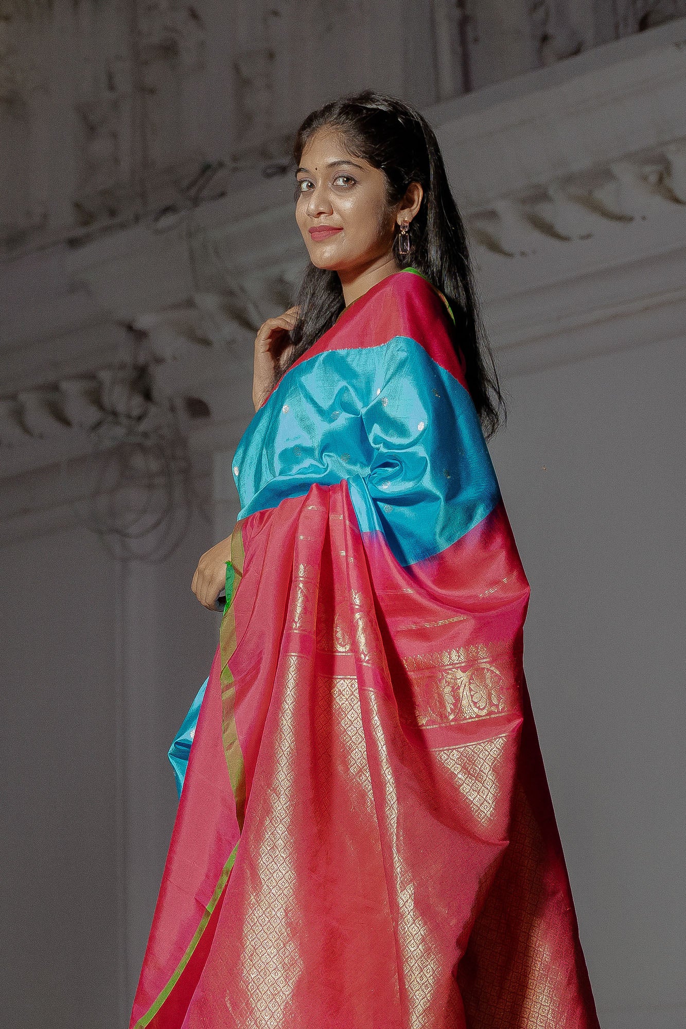 Sky Blue and Pink Handwoven Pure Silk Gadwal Saree