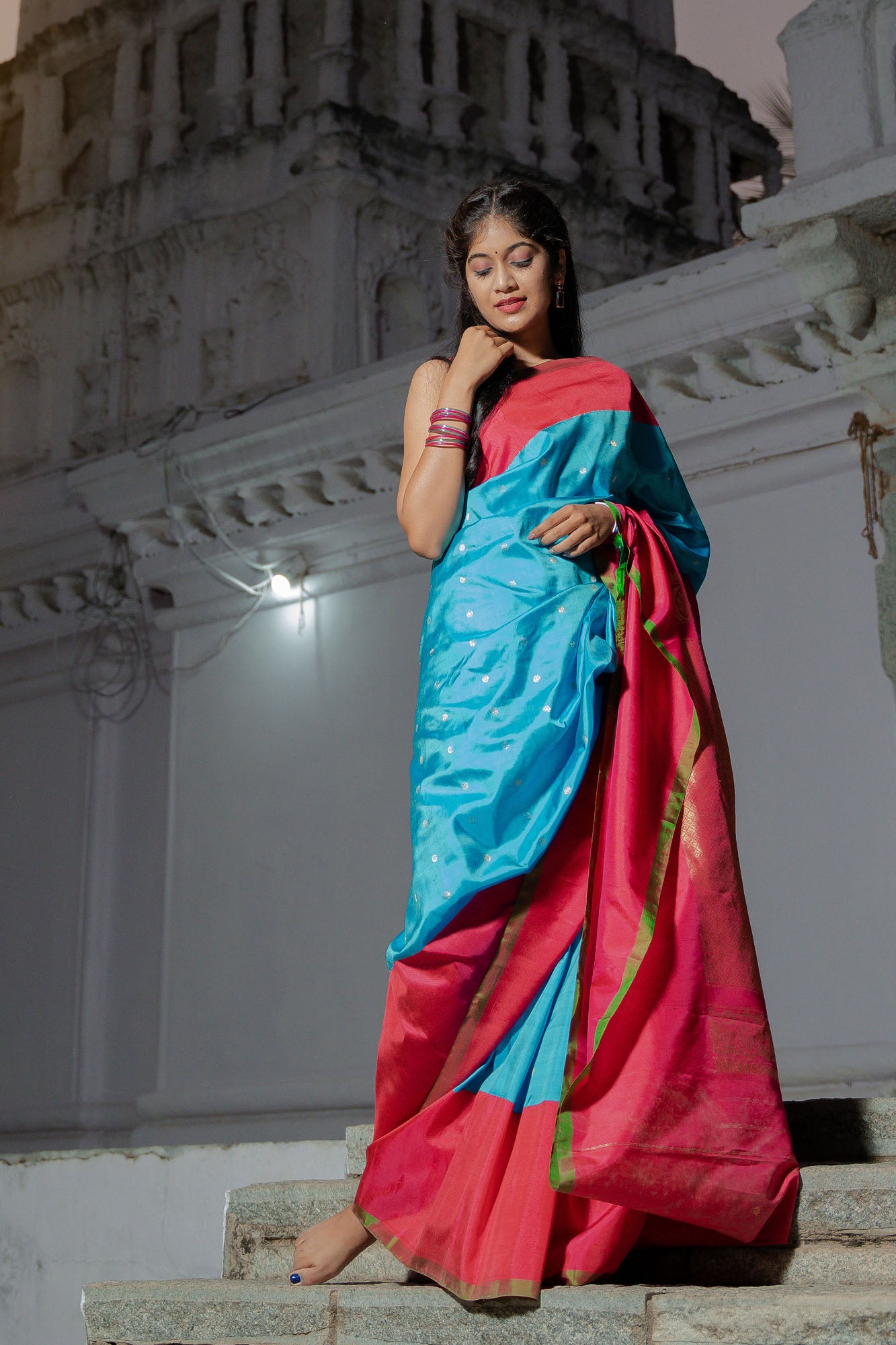 Sky Blue and Pink Handwoven Pure Silk Gadwal Saree