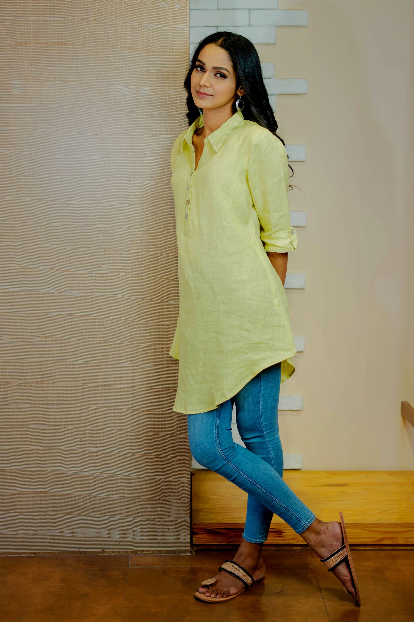 Yellow Linen Shirt Collar Dress