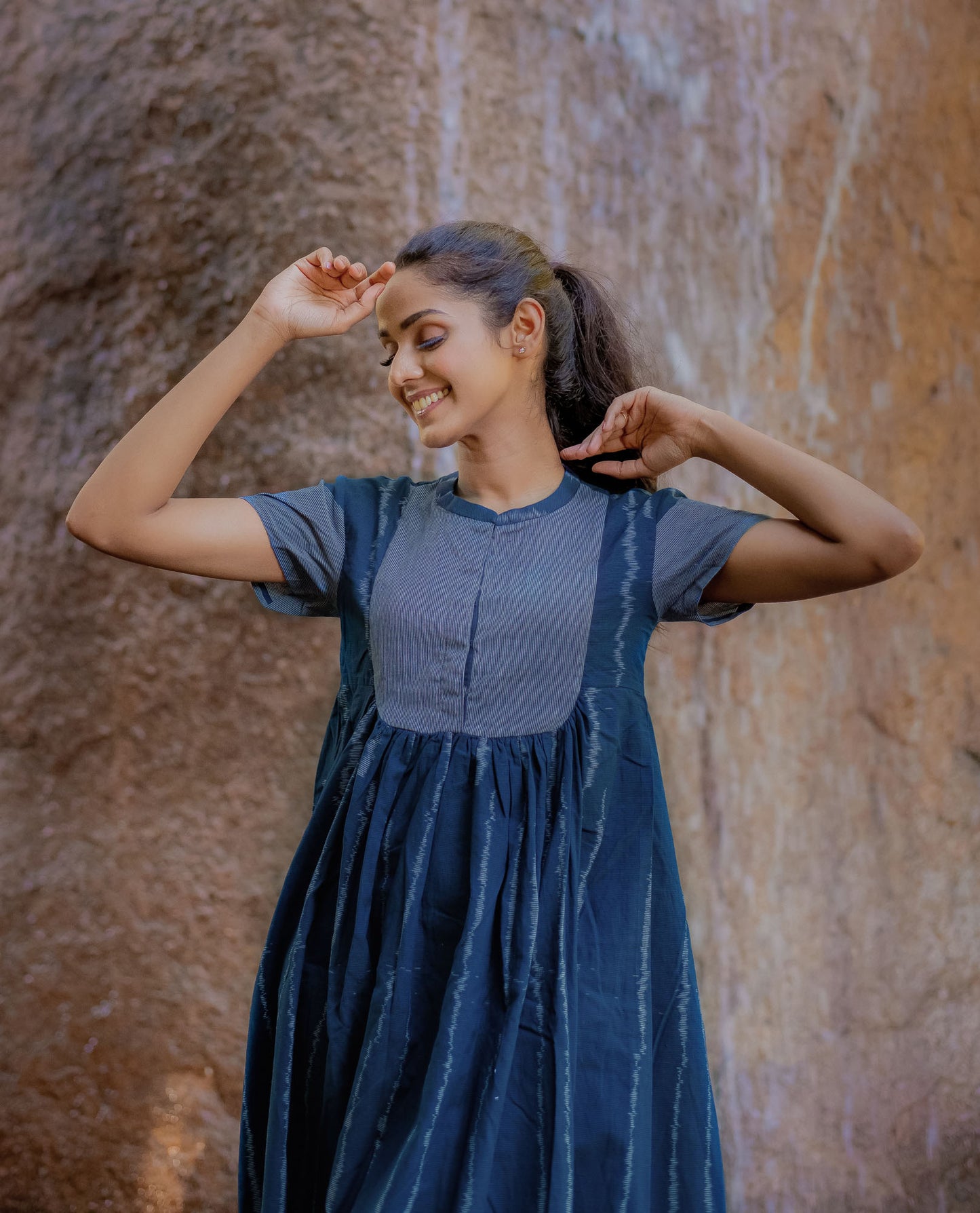 Navy Blue Handwoven Stripes Ikat Dress