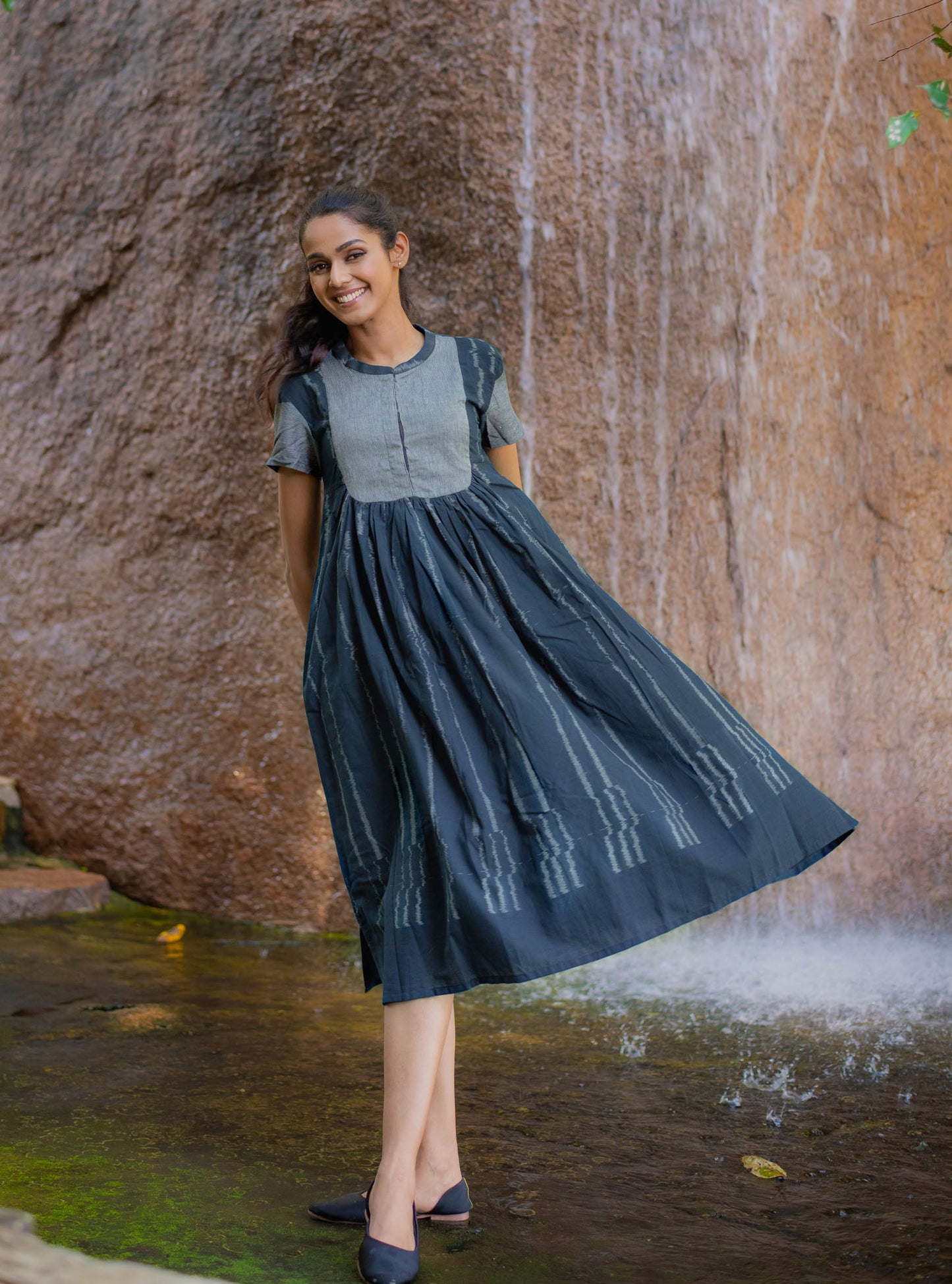 Navy Blue Handwoven Stripes Ikat Dress