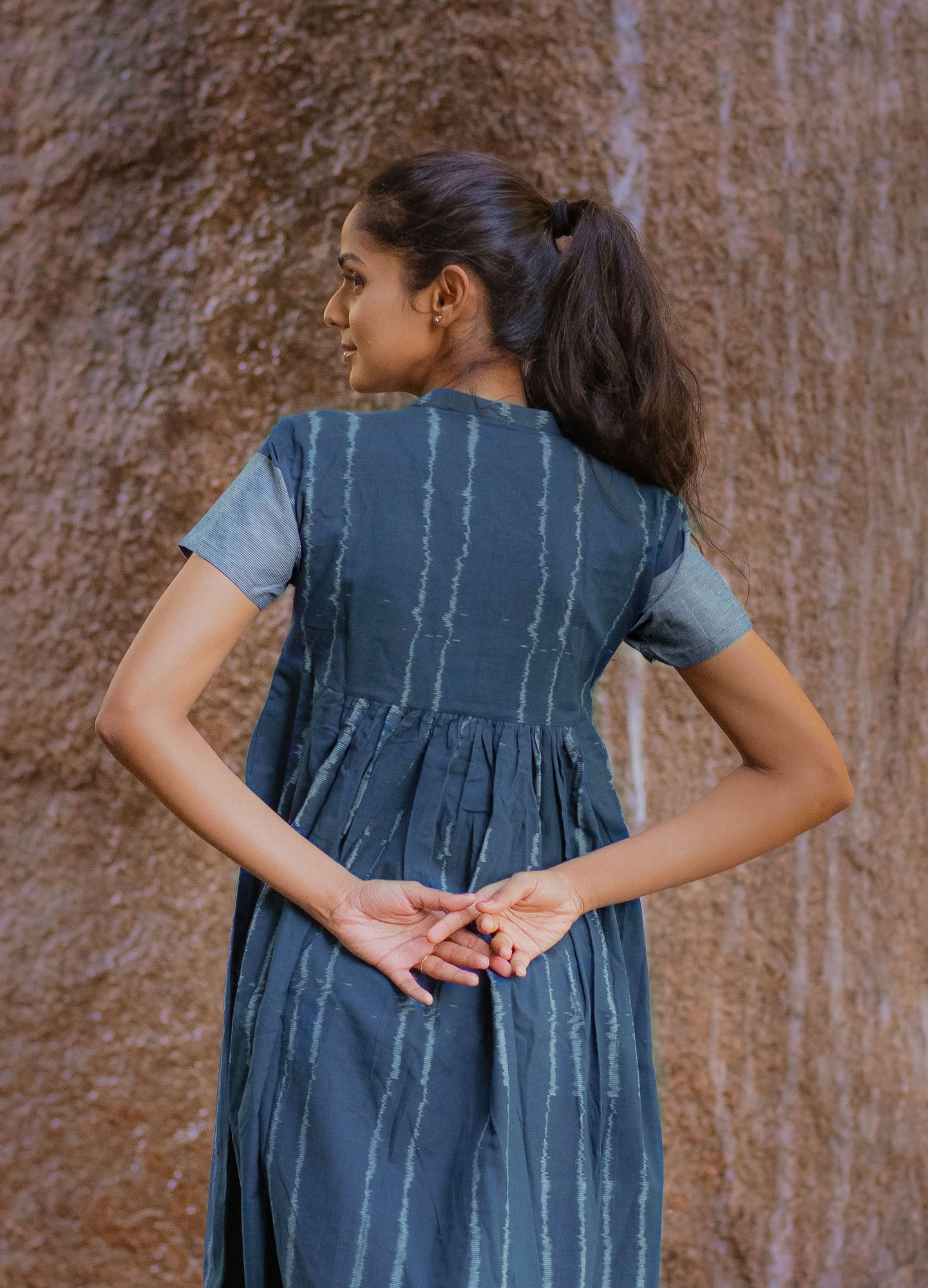 Navy Blue Handwoven Stripes Ikat Dress