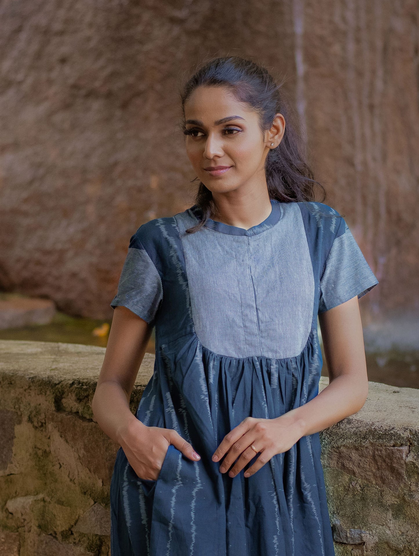 Navy Blue Handwoven Stripes Ikat Dress