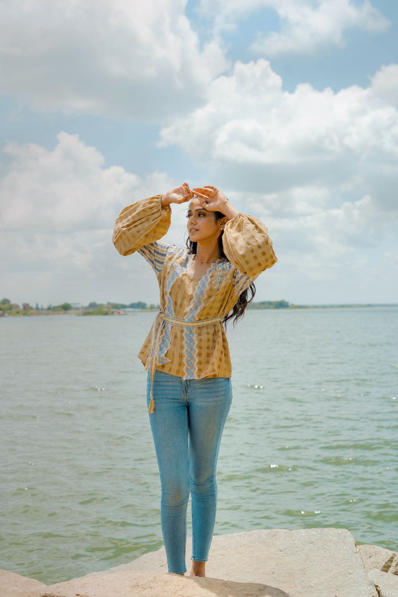 Cotton Checkered Overlay Jacket with Lace Detail & Inner