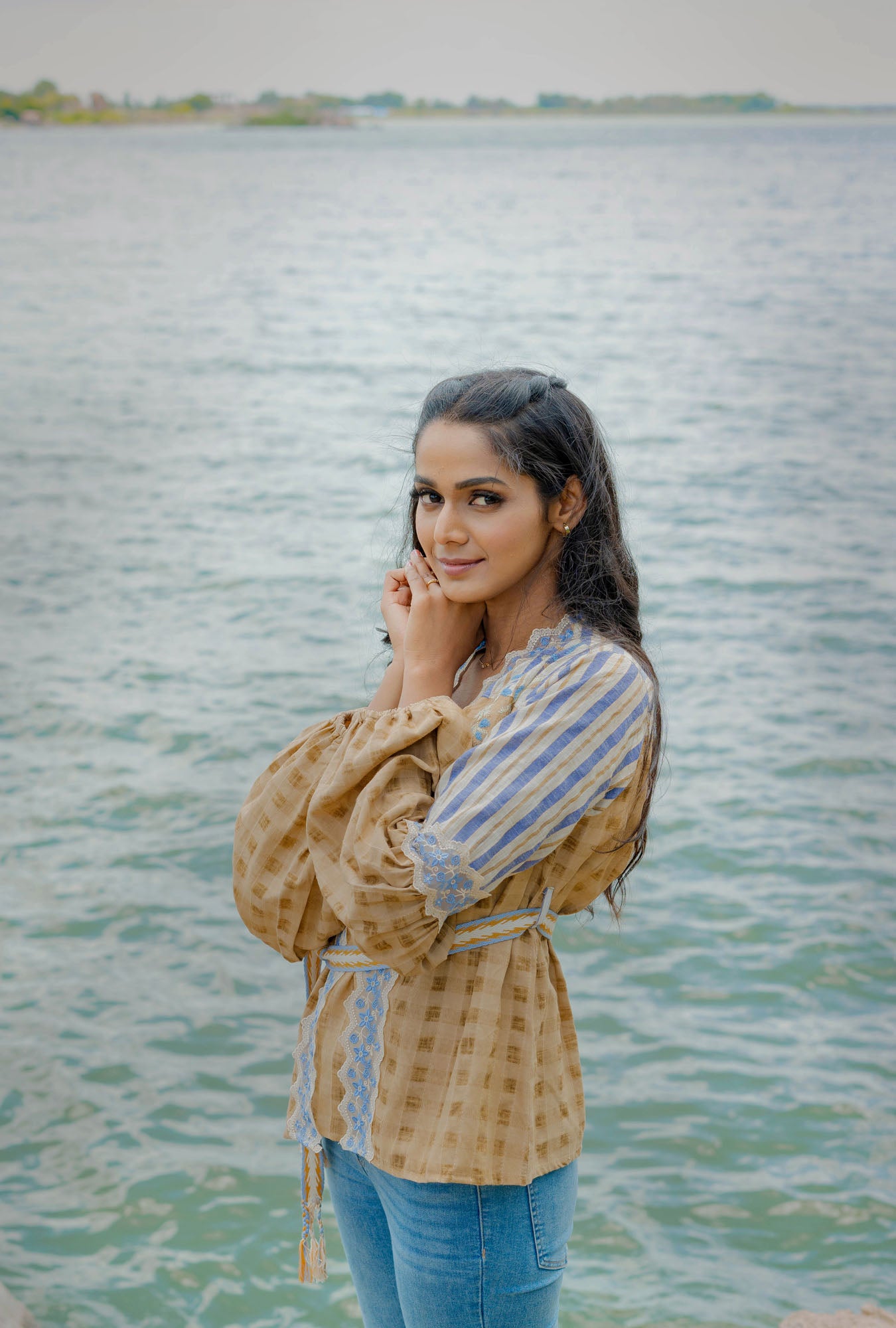 Cotton Checkered Overlay Jacket with Lace Detail & Inner