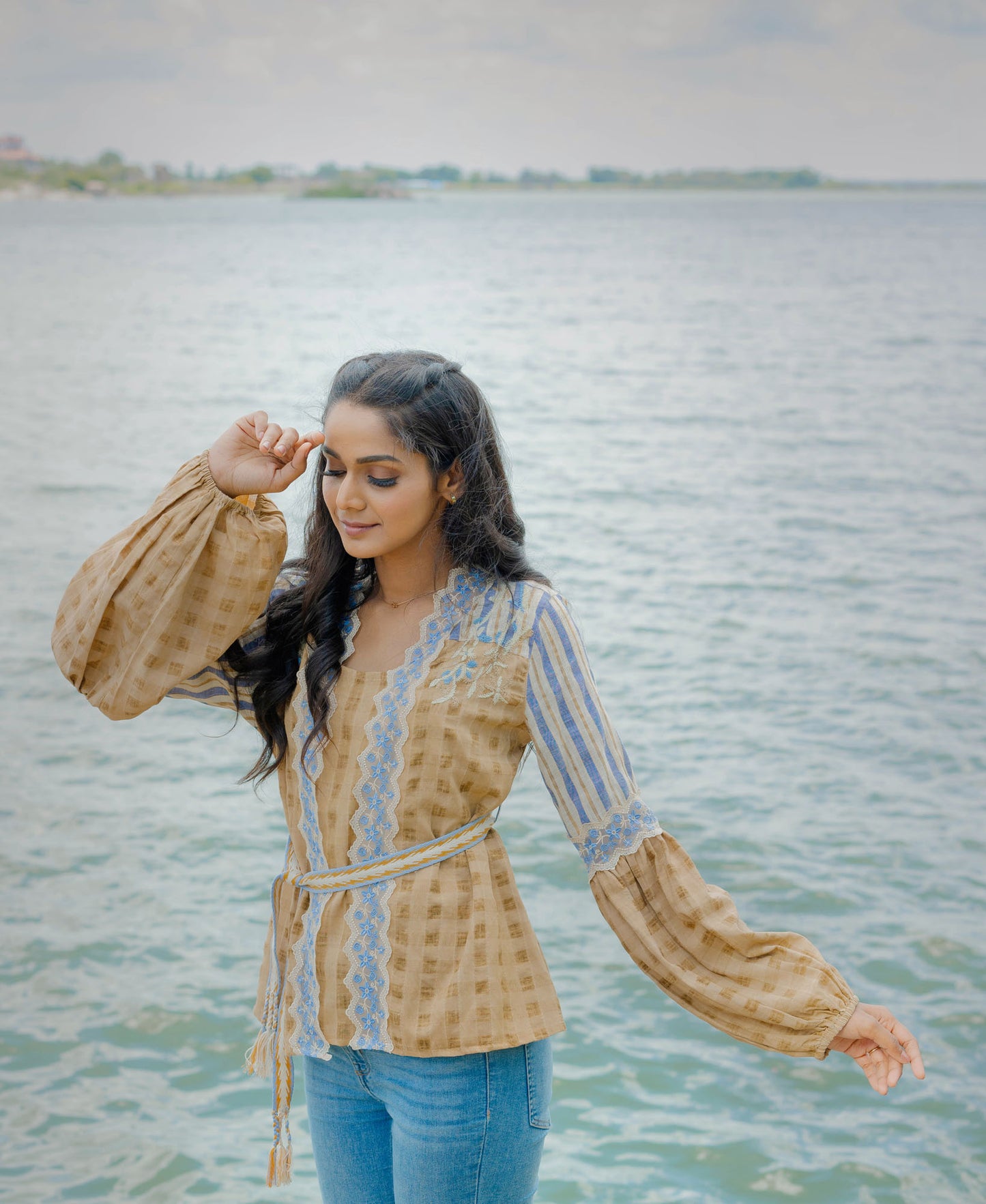 Cotton Checkered Overlay Jacket with Lace Detail & Inner
