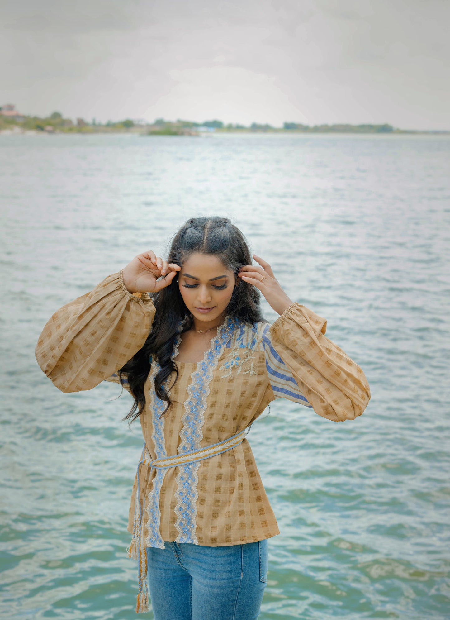 Cotton Checkered Overlay Jacket with Lace Detail & Inner