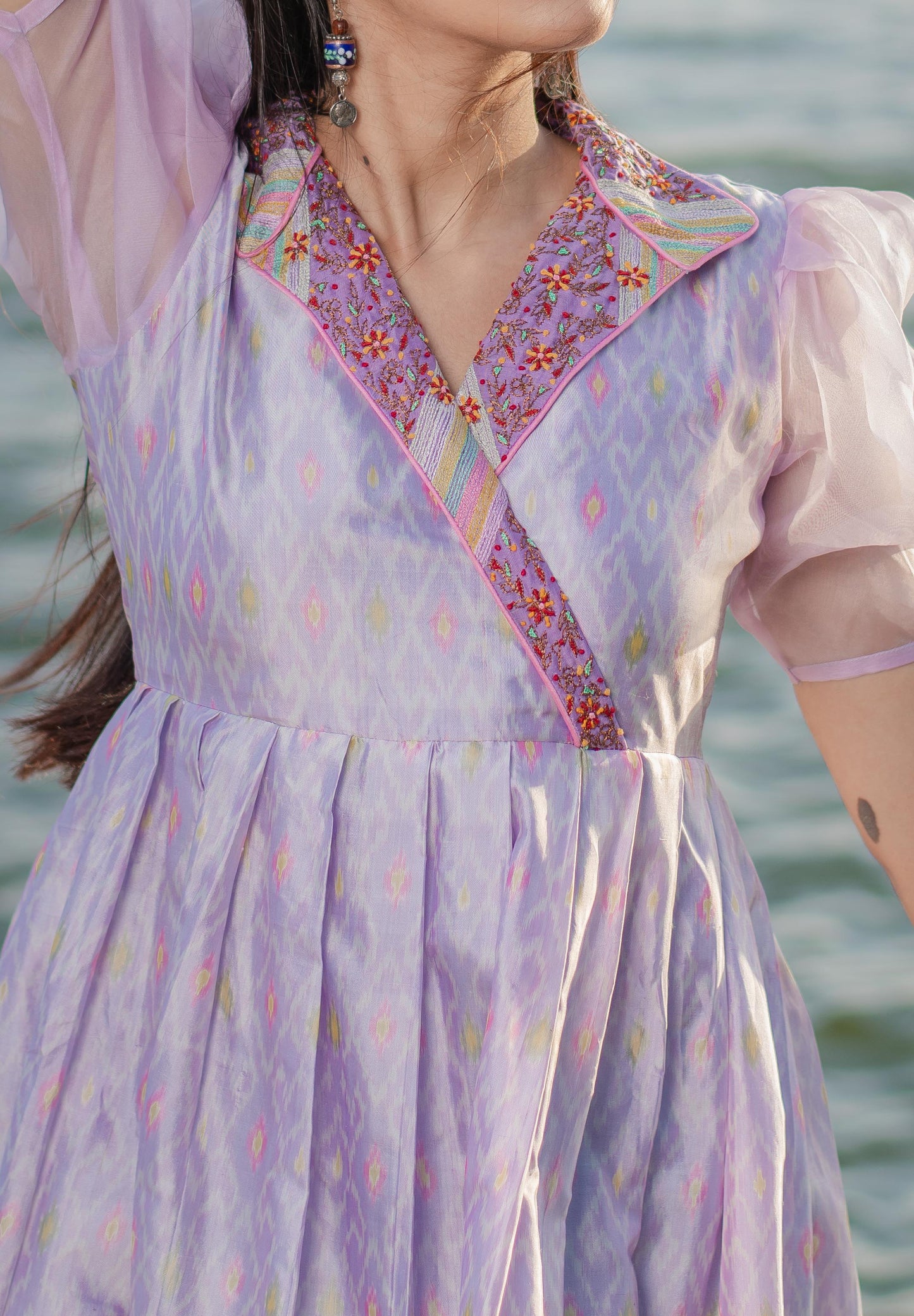 Hand Embroidered Lavender Ikat Silk Dress