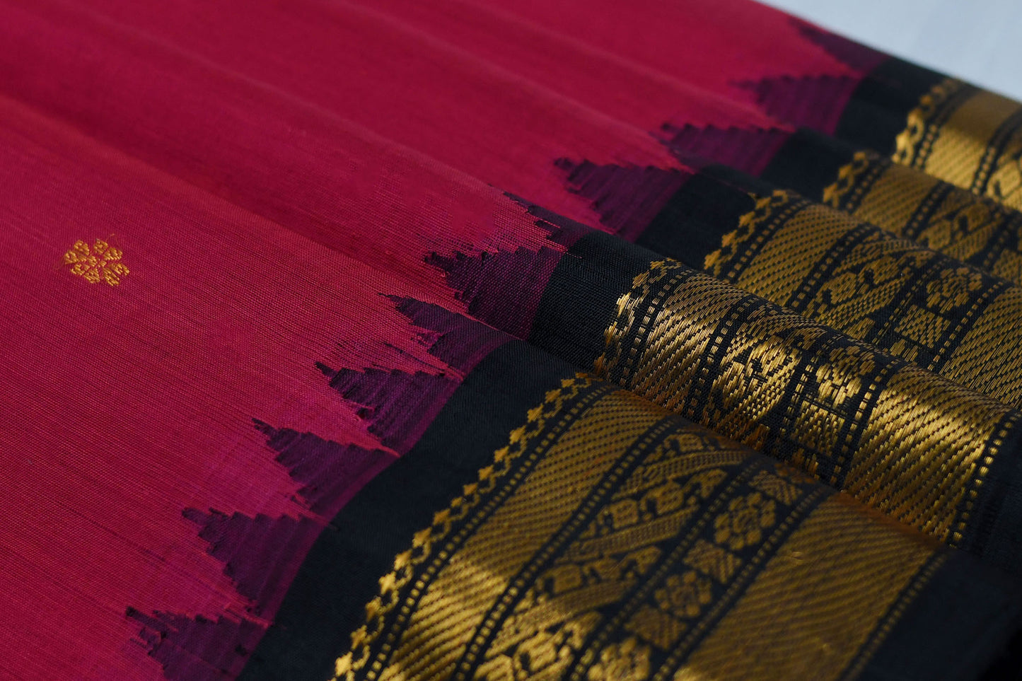 Hand Woven Gadwal Reddish Pink and Black Saree