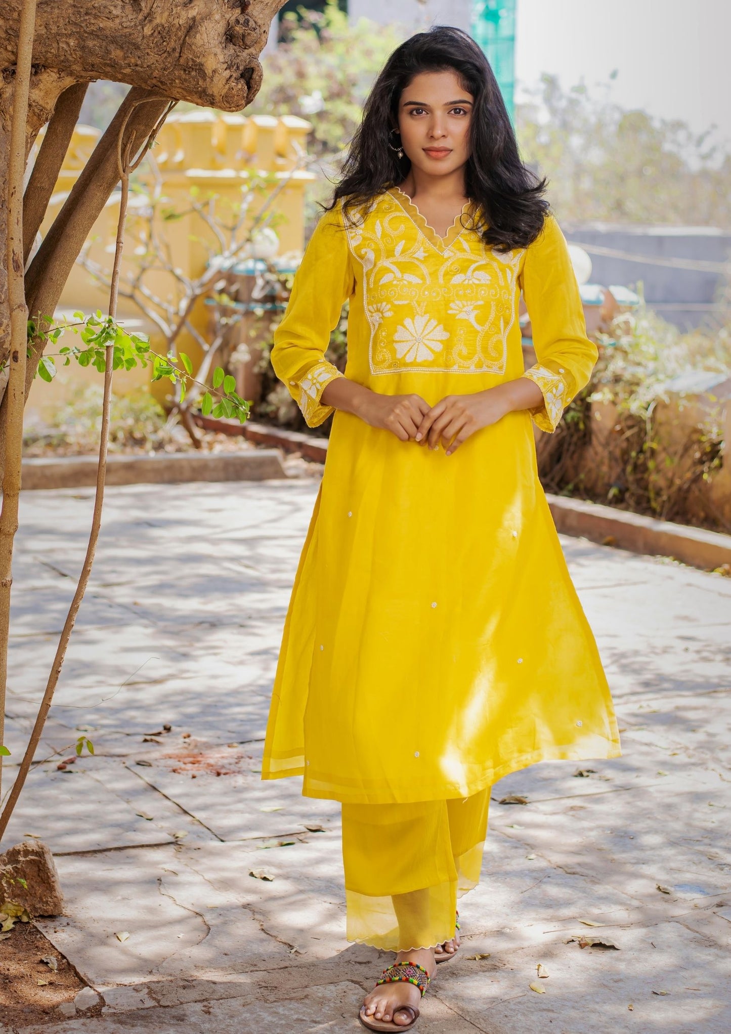 Hand Embroidered Kanta Yoke Kurta with Bottom on Yellow