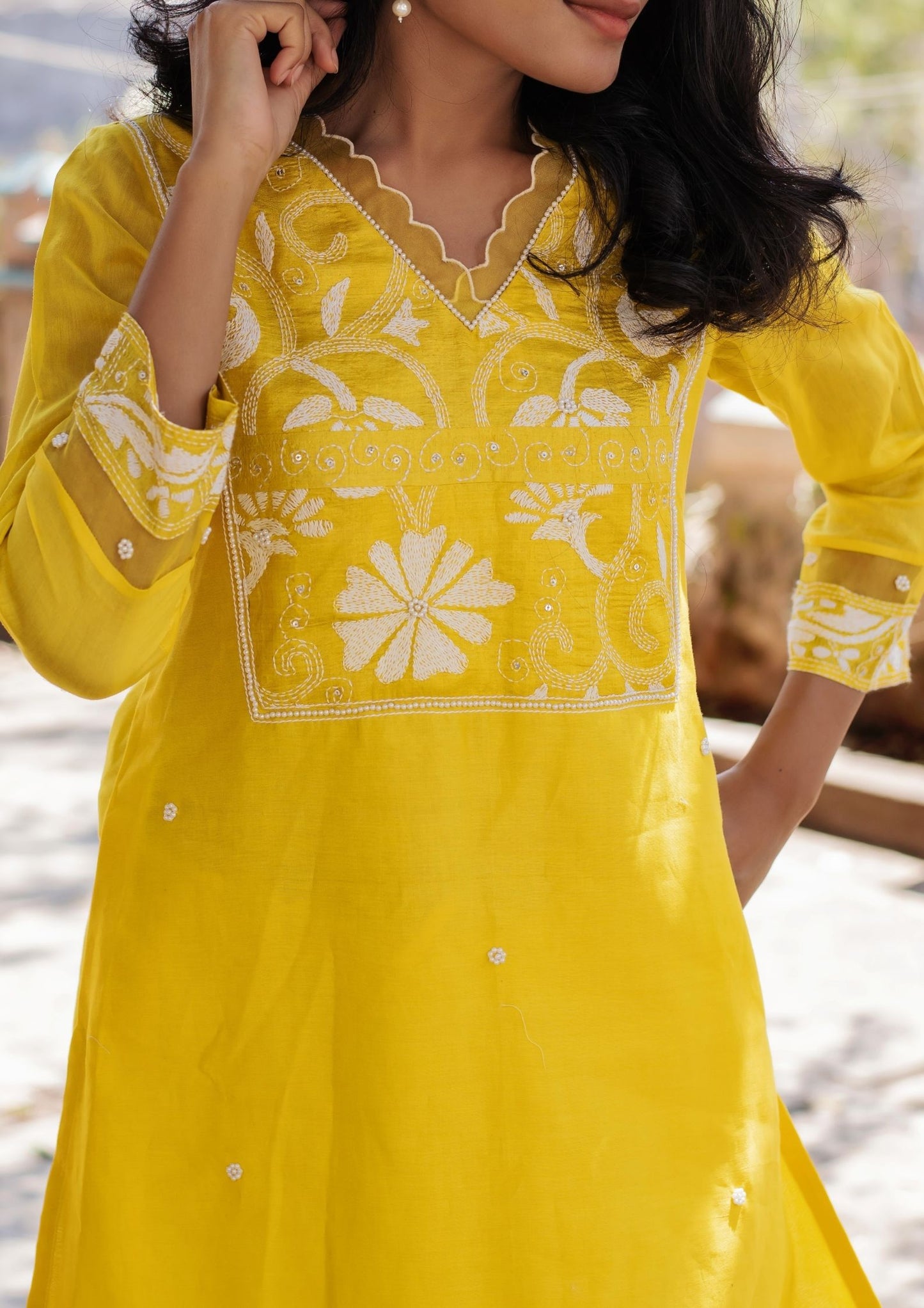Hand Embroidered Kanta Yoke Kurta with Bottom on Yellow