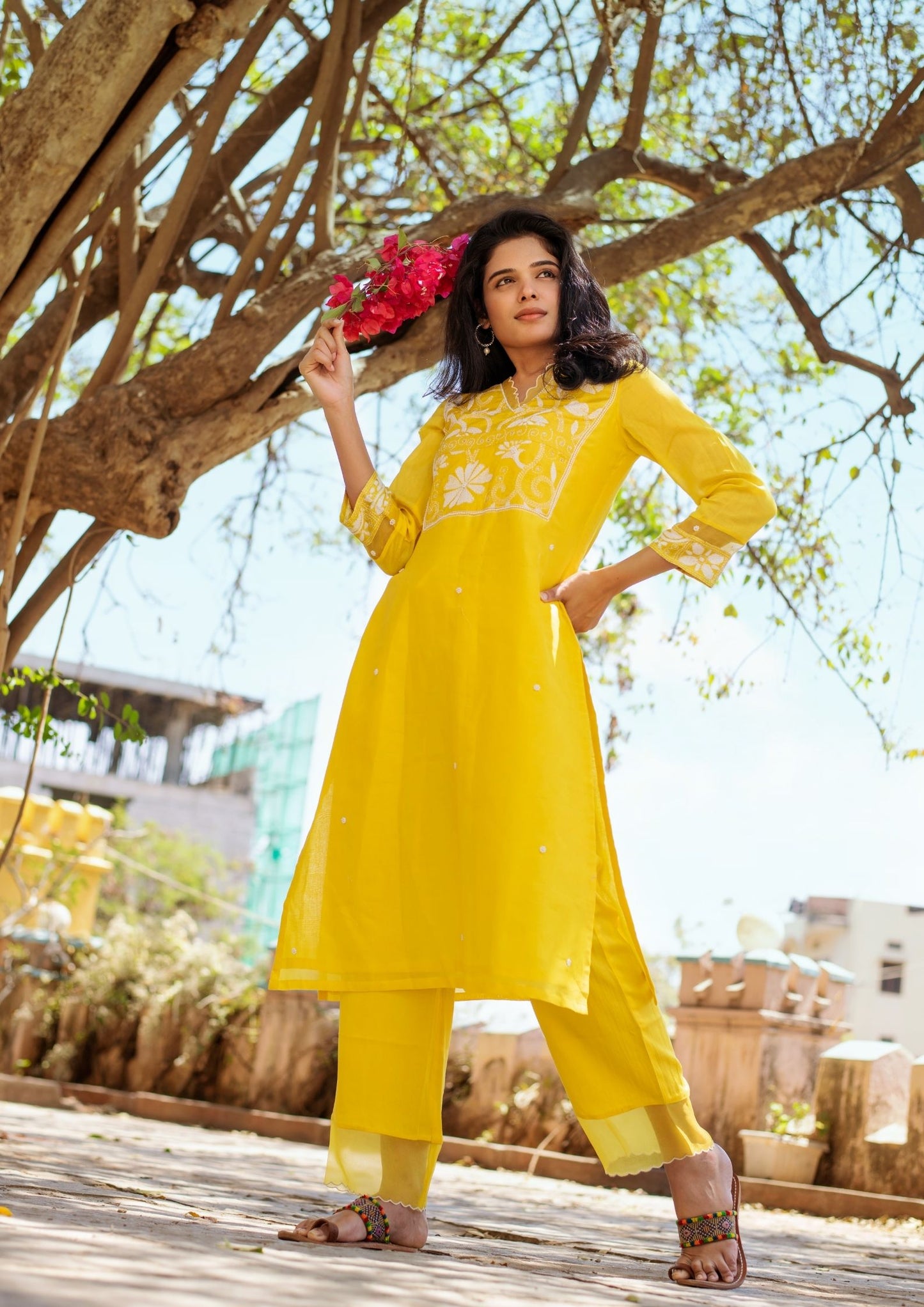 Hand Embroidered Kanta Yoke Kurta with Bottom on Yellow
