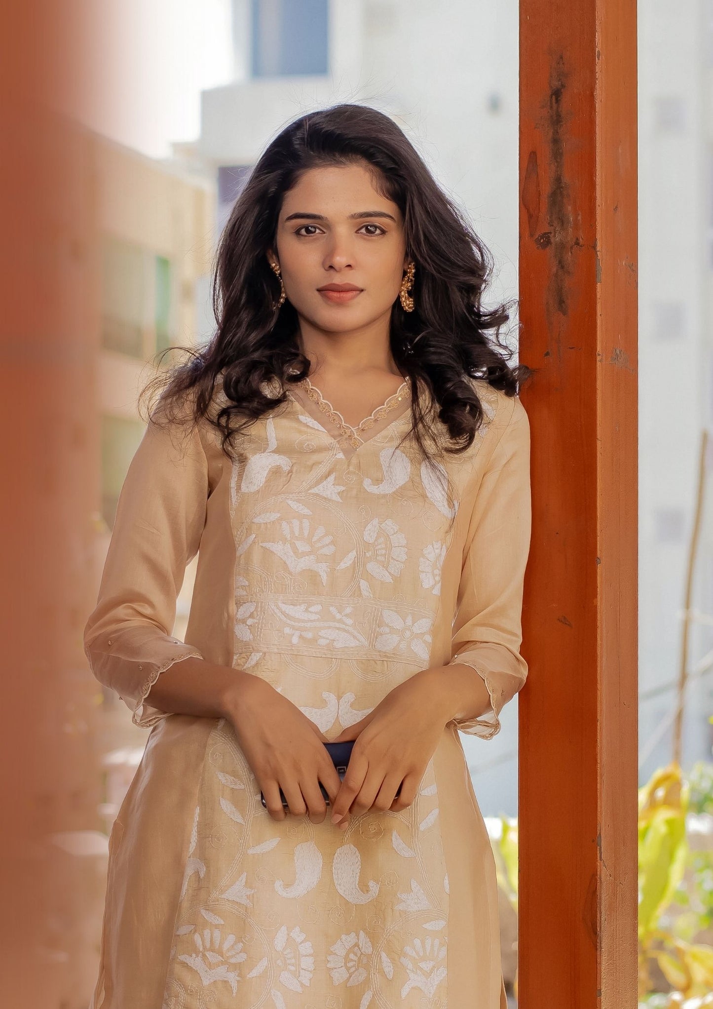Hand Embroidered Chanderi Kurta and Bottom with Organza Detailing