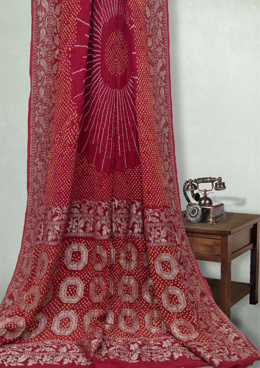 Pure Silk Banarasi Zari Woven Red Bandhani Saree