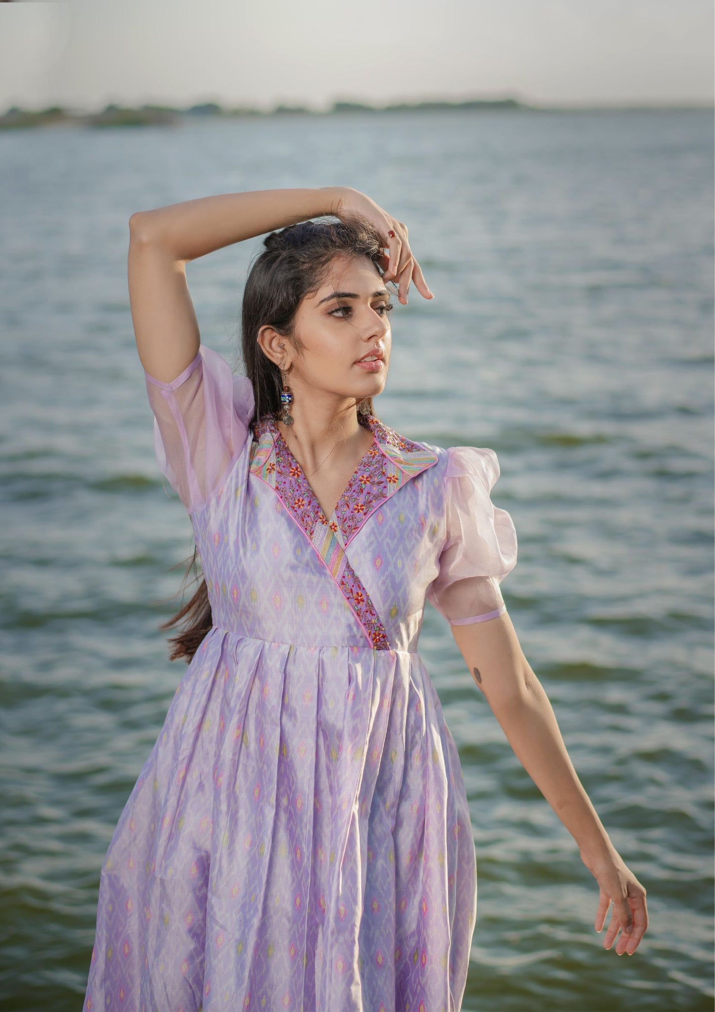 Hand Embroidered Lavender Ikat Silk Dress