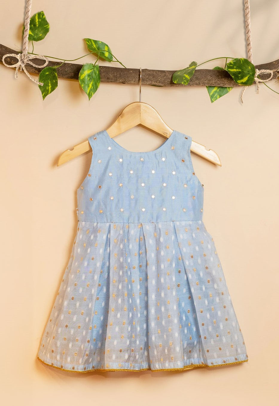 Kids girls - Sky Blue Chanderi Frock with Mirror Embroidery