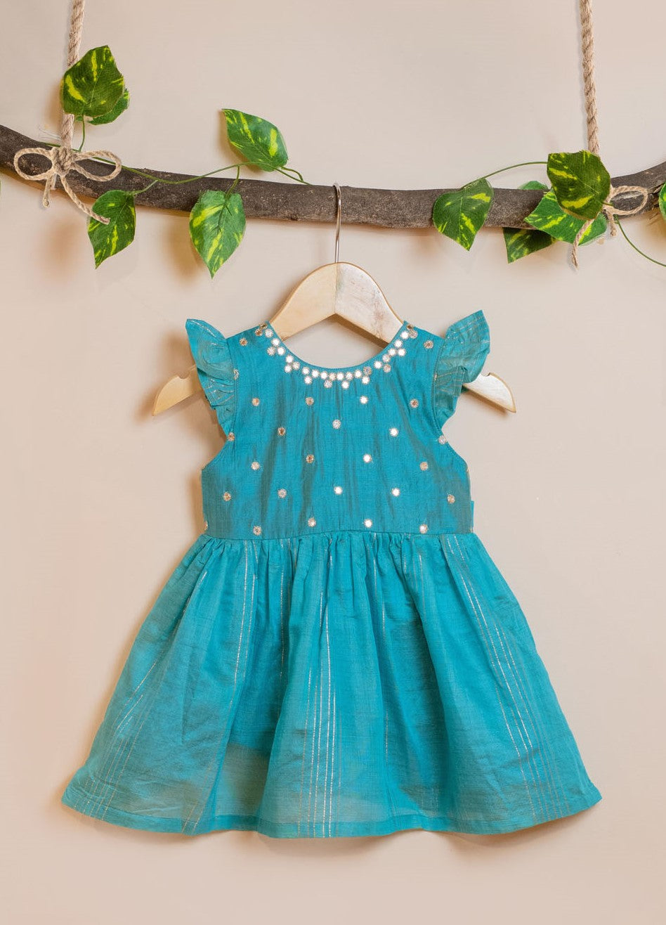 Kids girls - embroidered chanderi dress in greenish blue