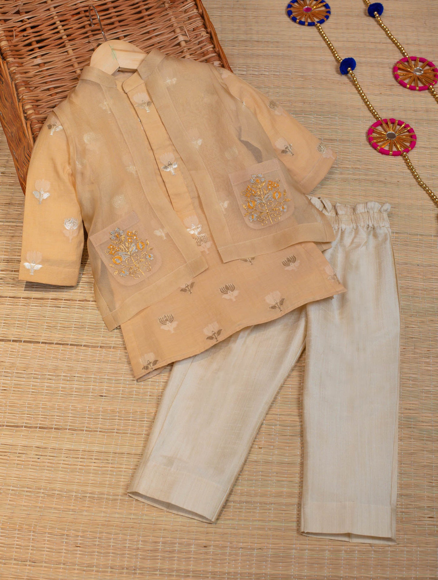 Kids boys - Beige Kurta bottom with Organza Jacket